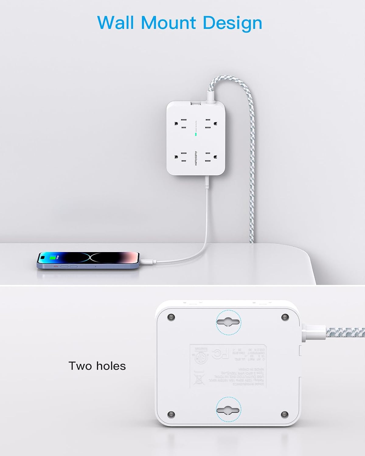 Surge Protector Power Strip - HANYCONY 8 Outlets 4 USB (2 USB C) Charging Ports, Multi Plug Outlet Extender, 5Ft Braided Extension Cord, Flat Plug Wall Mount Desk Charging Station for Home Office ETL