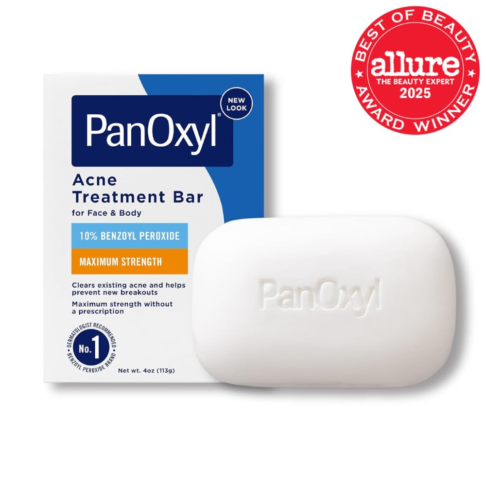 PanOxyl Acne Treatment Bar with 10% Benzoyl Peroxide, Maximum Strength Acne Bar for Face, Chest, and Back, Soap-Free Body Wash, Treats Acne Pimples, Whiteheads, Blackheads, pH Balanced, Vegan, 4 oz