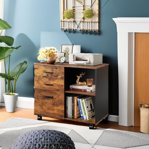 DEVAISE 3 Drawer Mobile File Cabinet, Wood Lateral Filing Cabinet, Printer Stand with Open Shelves for Home Office, Rustic Brown