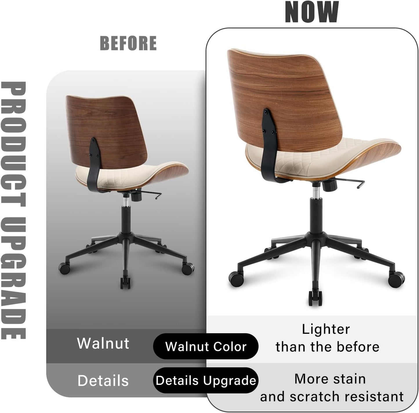 Home Office Chair No Arms with Wheels, Adjustable Height Small Desk Chair, PU Leather Mid Back 360 Swivel Computer Chair, Armless Modern Walnut Chair for Office, Reading Meeting Room(Beige)