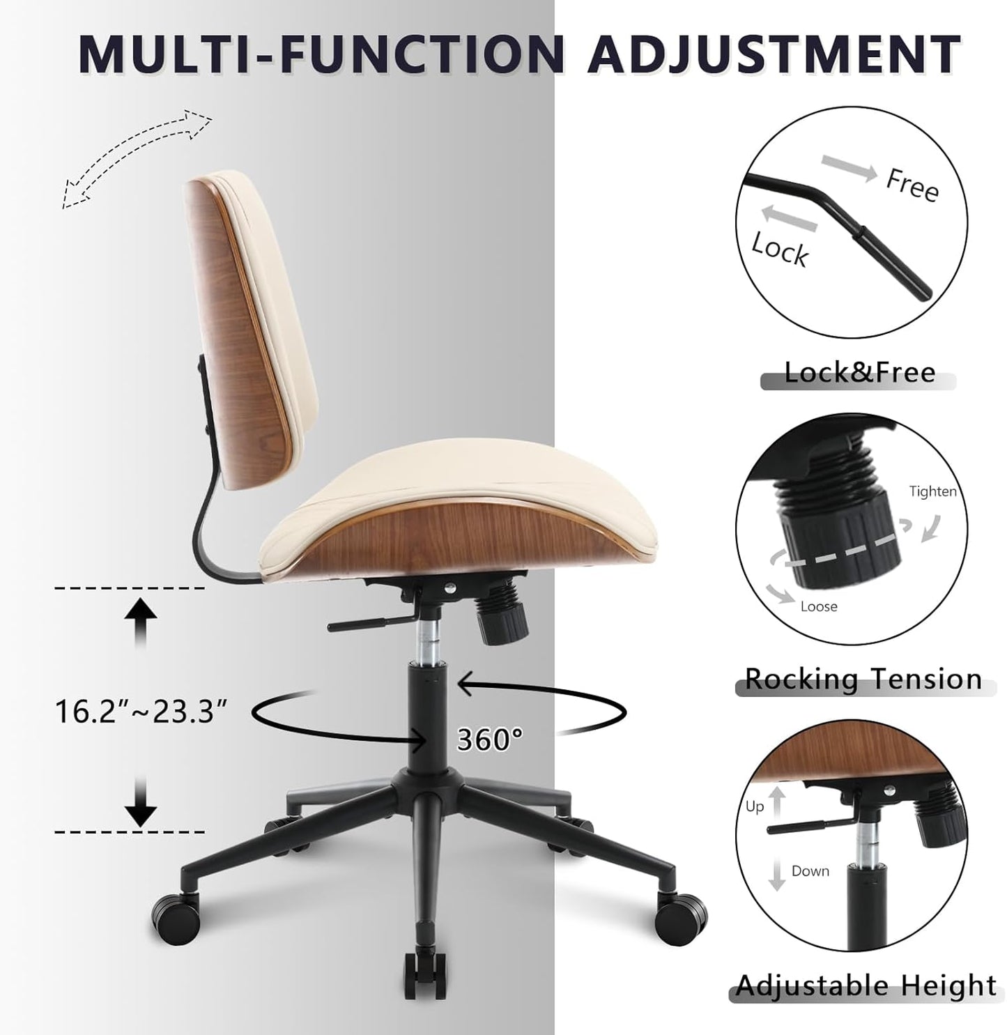 Home Office Chair No Arms with Wheels, Adjustable Height Small Desk Chair, PU Leather Mid Back 360 Swivel Computer Chair, Armless Modern Walnut Chair for Office, Reading Meeting Room(Beige)