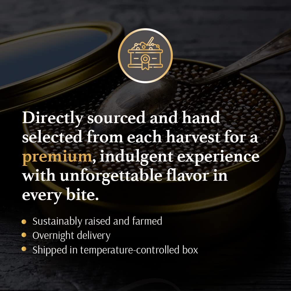 OLMA Classic Caviar Black Caviar Gift Box - Includes 2 oz of Siberian Osetra Aurora, White Sturgeon, Paddlefish, Hackleback Sturgeon Fish Roe & Mother of Pearl Serving Spoon - Overnight Delivery