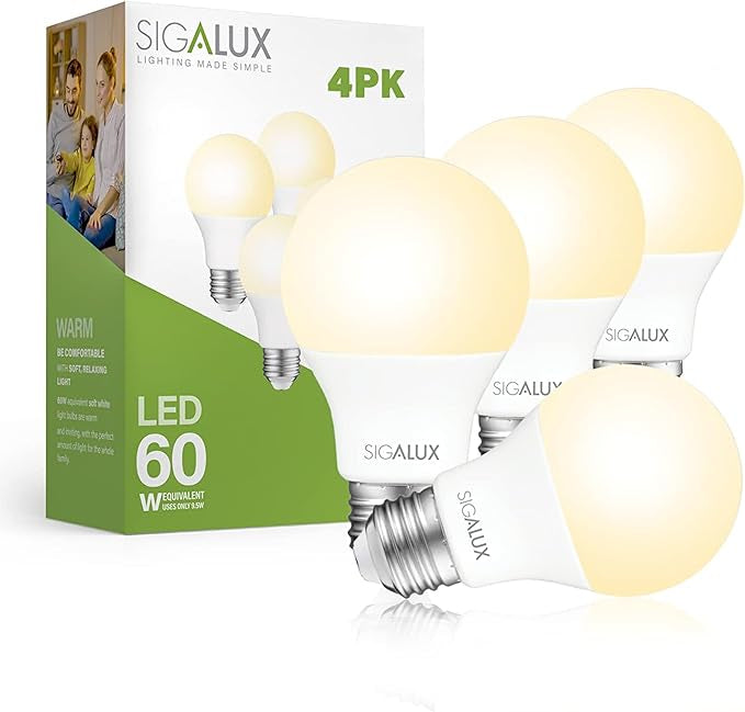 Sigalux LED Light Bulbs 60 Watt Equivalent A19 Standard Light Bulbs 2700K Warm, Non-Dimmable Energy Efficient 9.5W LED Soft White Bulb with E26 Medium Base, 800 Lumens, UL Listed, 4 Packs