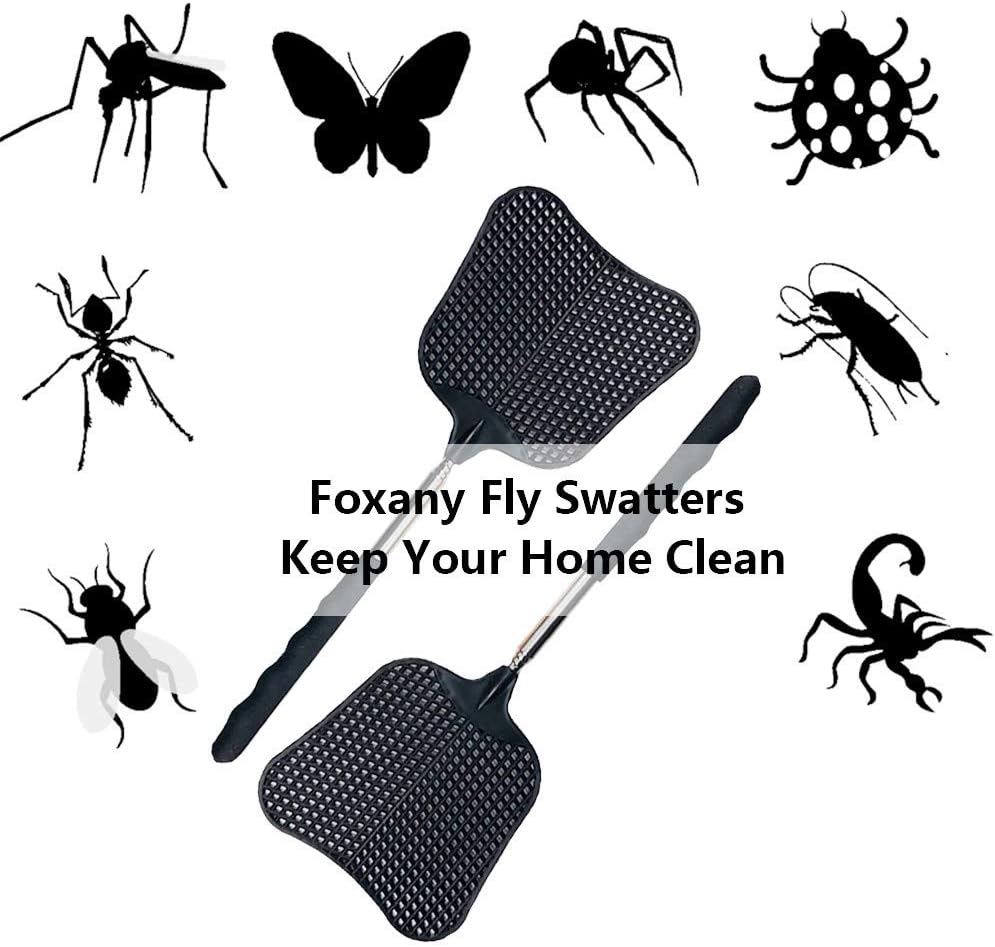 Foxany Telescopic Fly Swatters, Durable Plastic Fly Swatter Heavy Duty Set, Flyswatter with Stainless Steel Handle for Indoor/Outdoor/Classroom (2 Pack)