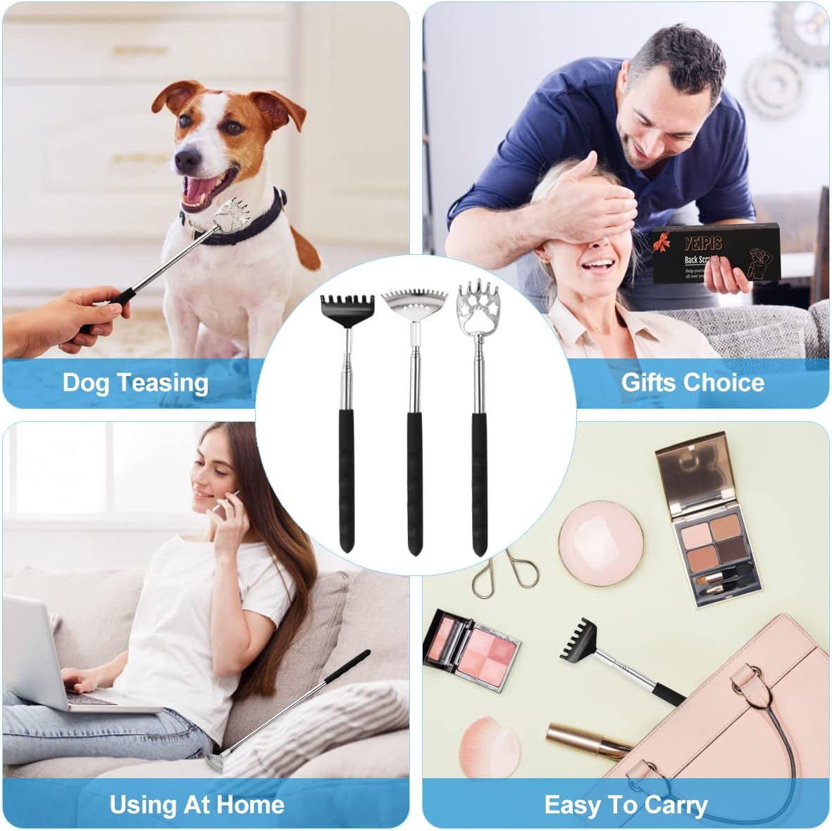 3 Pack Different Back Scratcher Metal Portable Telescoping with Rubber Handles, Extendable Back Massager Tool with Beautiful Box, Stocking Stuffers for Men Women Kids Adults (Black)