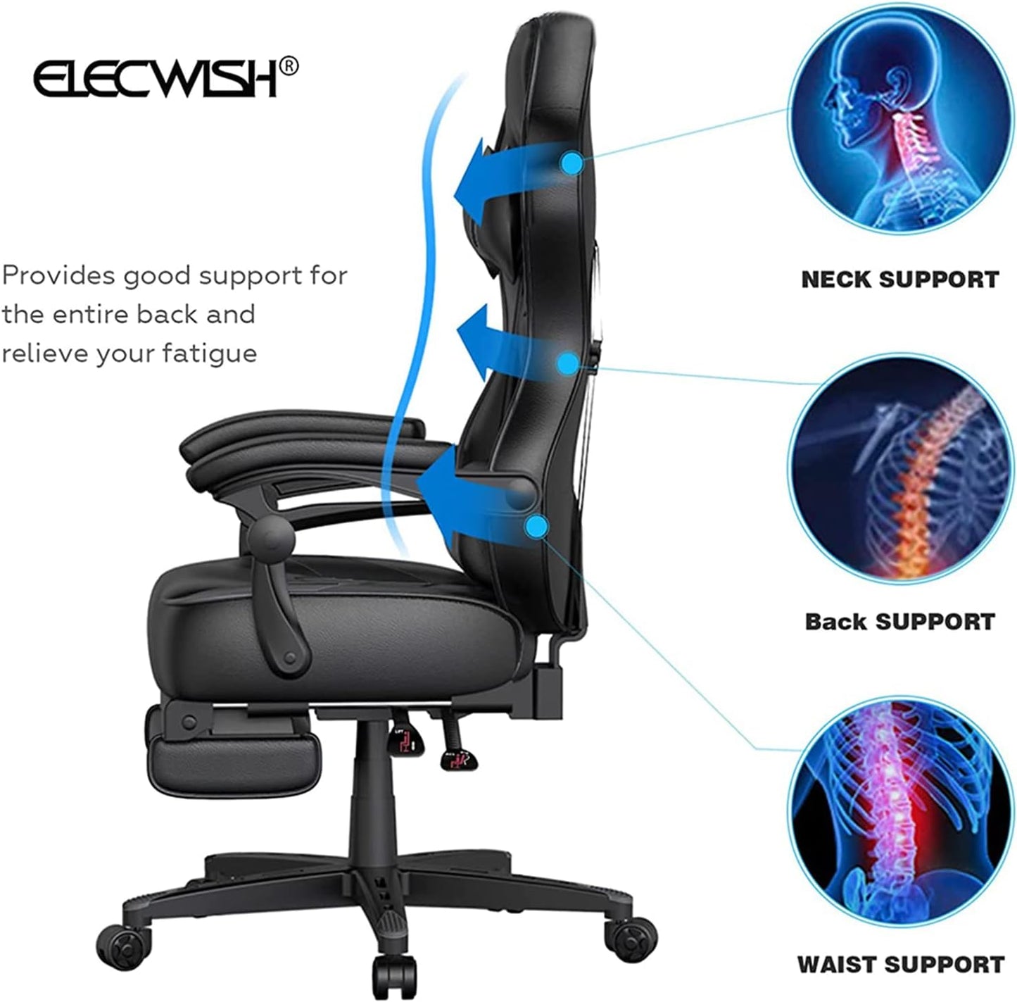ELECWISH Gaming Chair, Backrest and Seat Height Adjustable Swivel Recliner Racing Office Computer Ergonomic Video Game Chair with Footrest and Lumbar Support, Gray