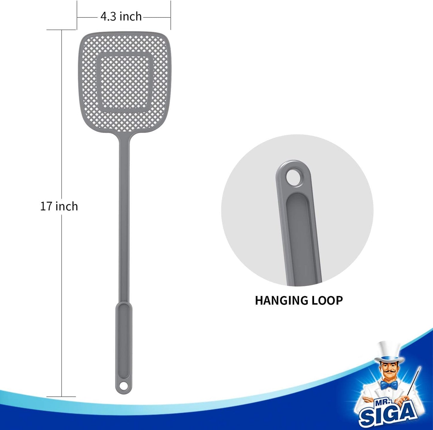 MR.SIGA Heavy Duty Long Handle Fly Swatter, Gray, 6 Pack