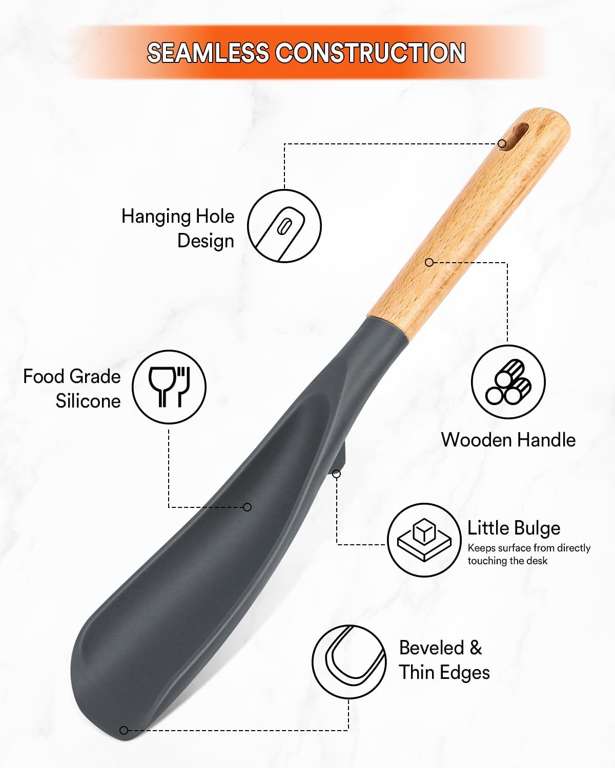 Cooking Spoon for Nonstick Cookwares, Great for Cooking and Serving Sturdy BPA-Free Matte Silicone, Wood Handle Spoon for Mixing, Scoop, and Scrape (Black & Grey, 11.4 inch)