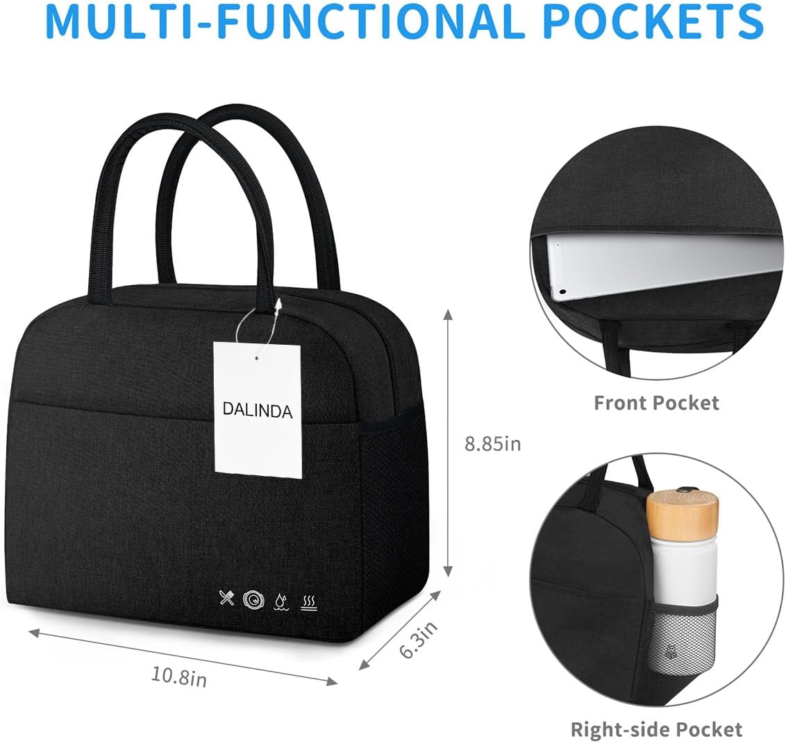 DALINDA Lunch Bag Lunch Box for Women Men Reusable Insulated Lunch Bags,Water-Resistant Cute Cooler Lunch Tote Bag, Large Capacity for Work Travel Picnic,Black