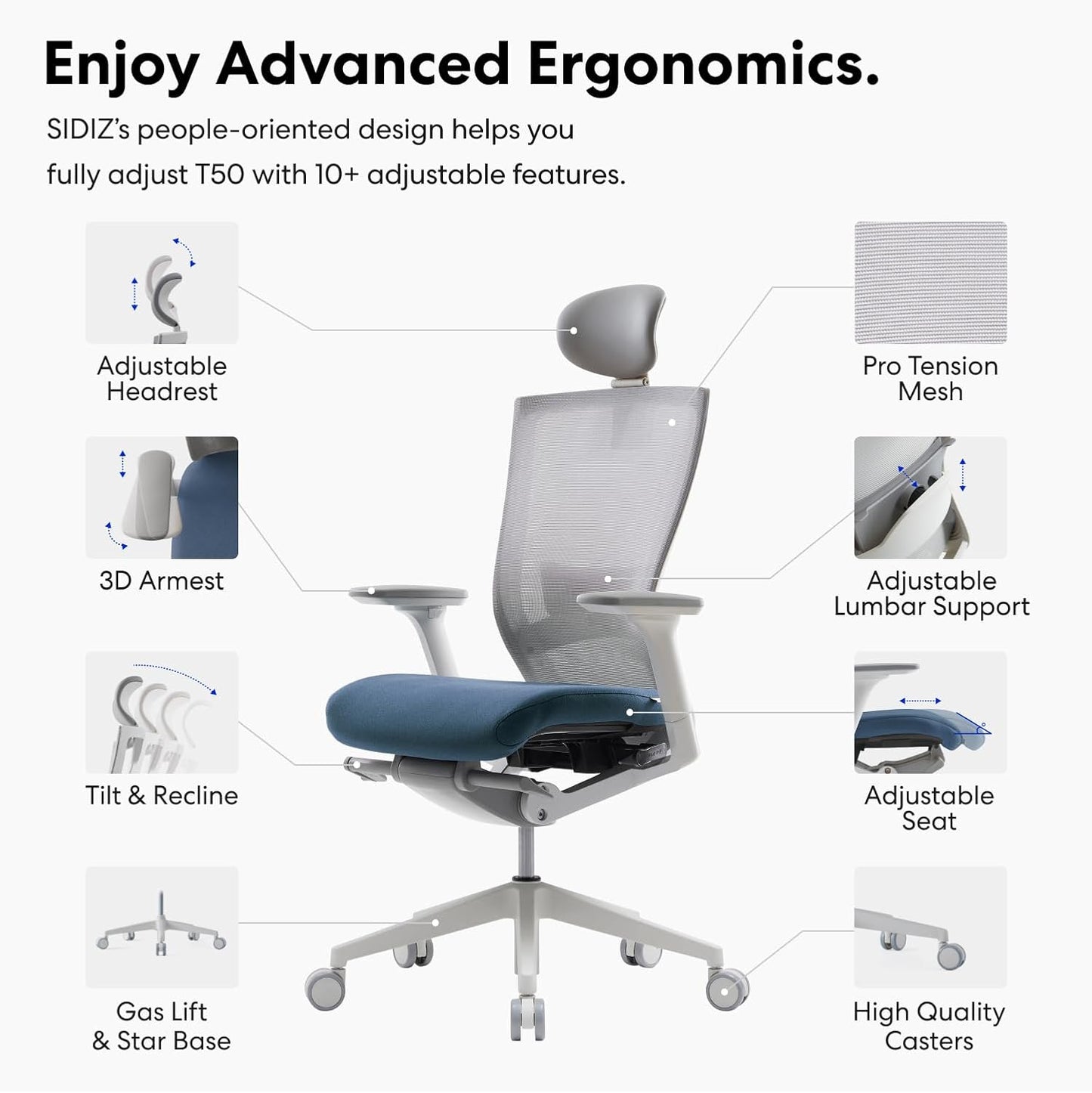 SIDIZ T50 Ergonomic Office Chair : High Performance Home Office Chair with Adjustable Headrest, Lumbar Support, 3D Armrest, Seat Depth, Mesh Back Computer Chair, Alternative Gaming Chair (Blue)