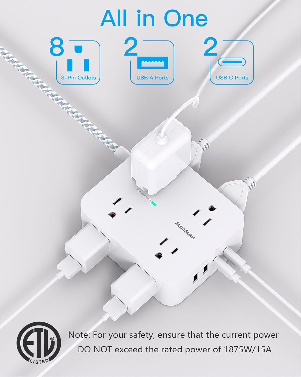 Surge Protector Power Strip - HANYCONY 8 Outlets 4 USB (2 USB C) Charging Ports, Multi Plug Outlet Extender, 5Ft Braided Extension Cord, Flat Plug Wall Mount Desk Charging Station for Home Office ETL