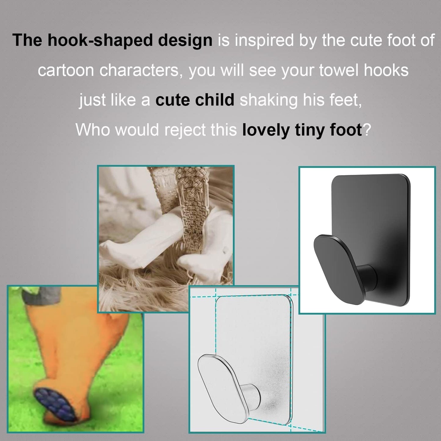 DELITON Adhesive Hooks - 4 Pack Towel/Coat Hooks Wall Hook Stick on Bathroom or Kitchen (Matte Black, Stainless Steel)