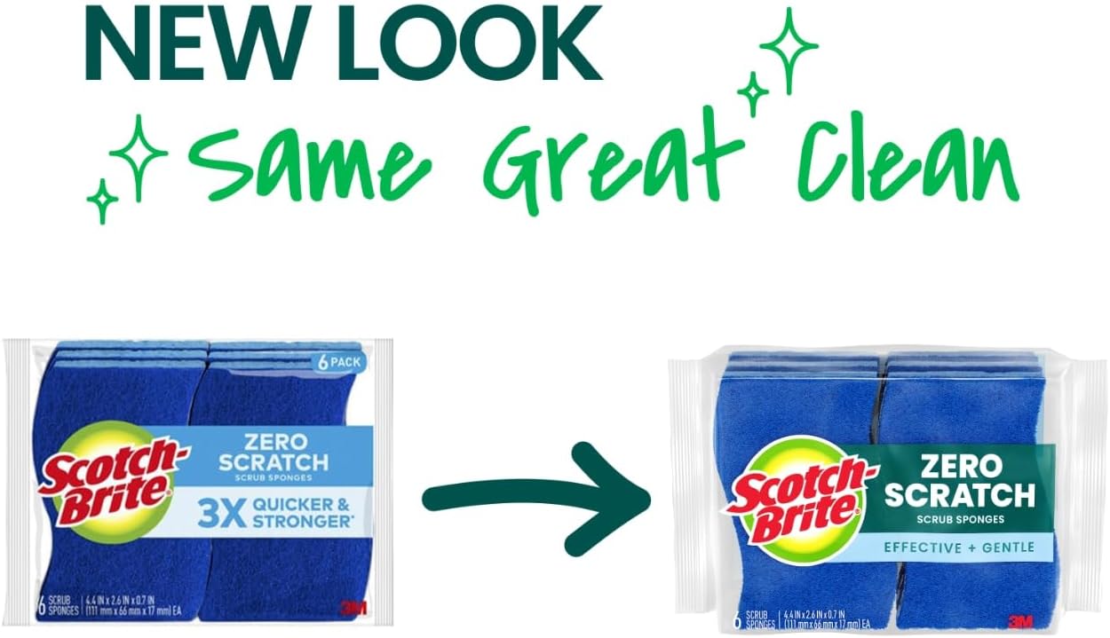 Scotch-Brite Zero Scratch Scrub Sponge, 6 Kitchen Sponges for Cleaning Around the Home, Bathroom & More, Scratch-free Dish Scrubber, Multi-surface Safe, Best for Nonstick Pots and Pans