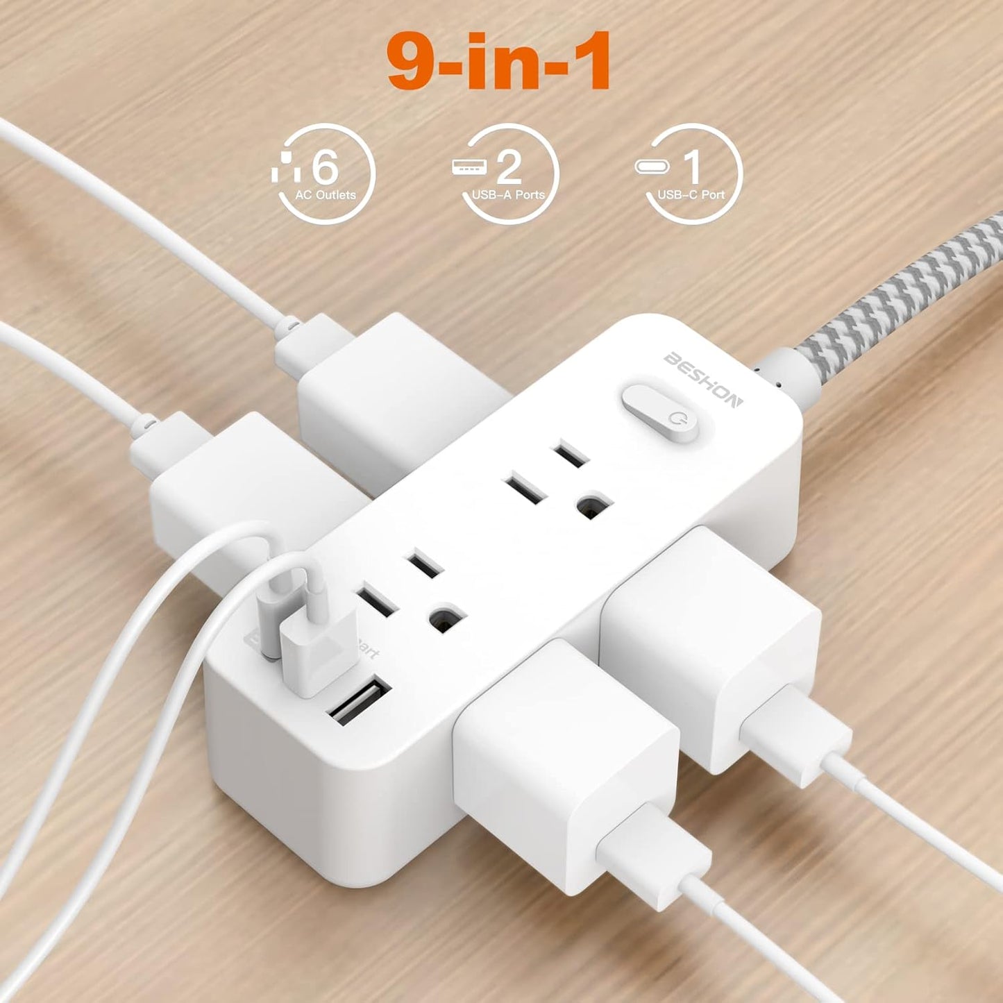 Power Strip Surge Protector, BESHON 5Ft Extension Cord, 6 Outlets with 3 USB Ports(1 USB C Outlet), 3-Side Outlet Extender, Wall Mount, Compact for Travel, Home, School, College Dorm Room and Office