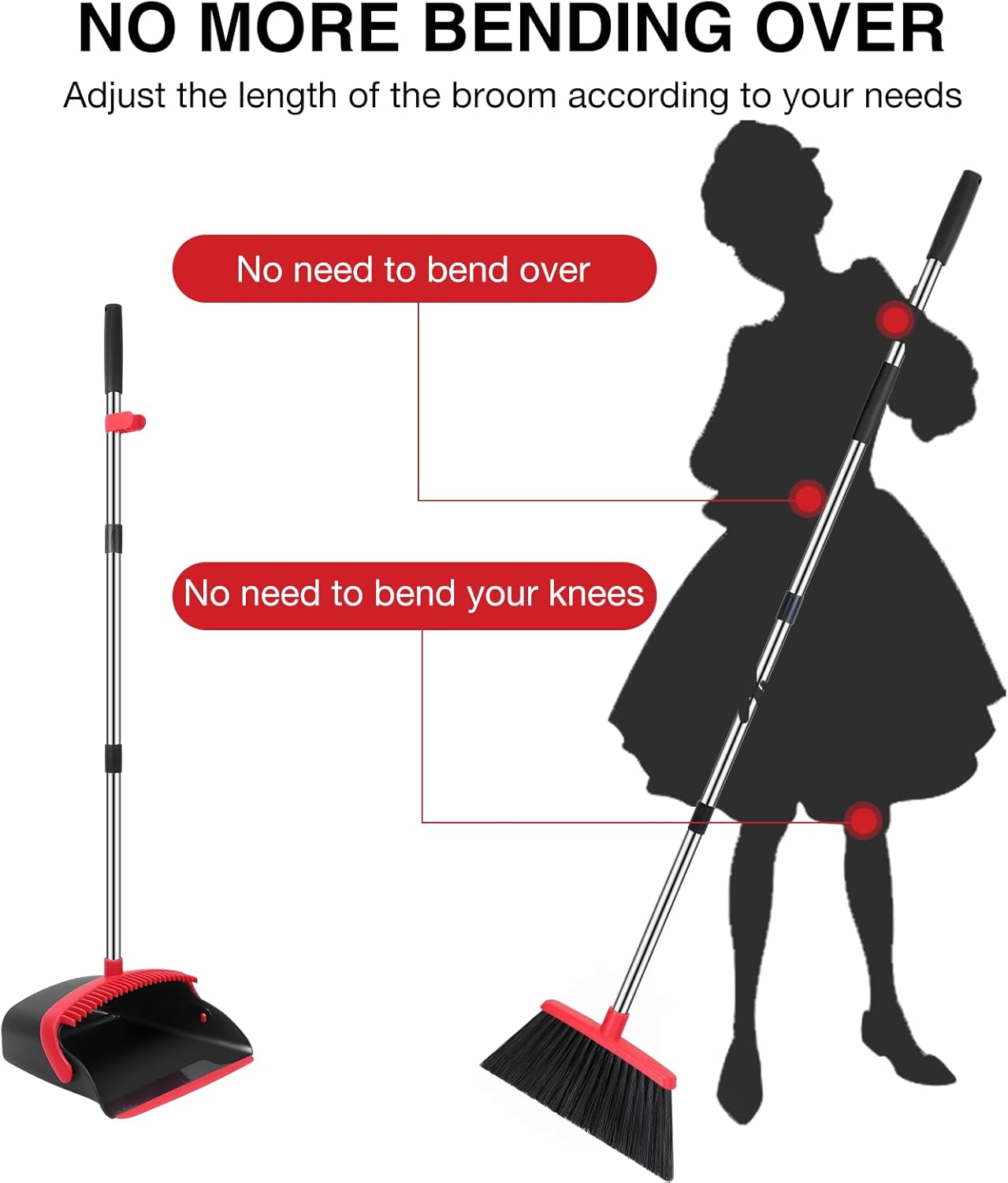 NACENA Broom and Dustpan Set, 52-in Long Adjustable Handle Broom Dustpan Combo with Dustpan Teeth to Automatically Clean Hair Suitable for Home Kitchen Office Hall Floor(Black&Red)