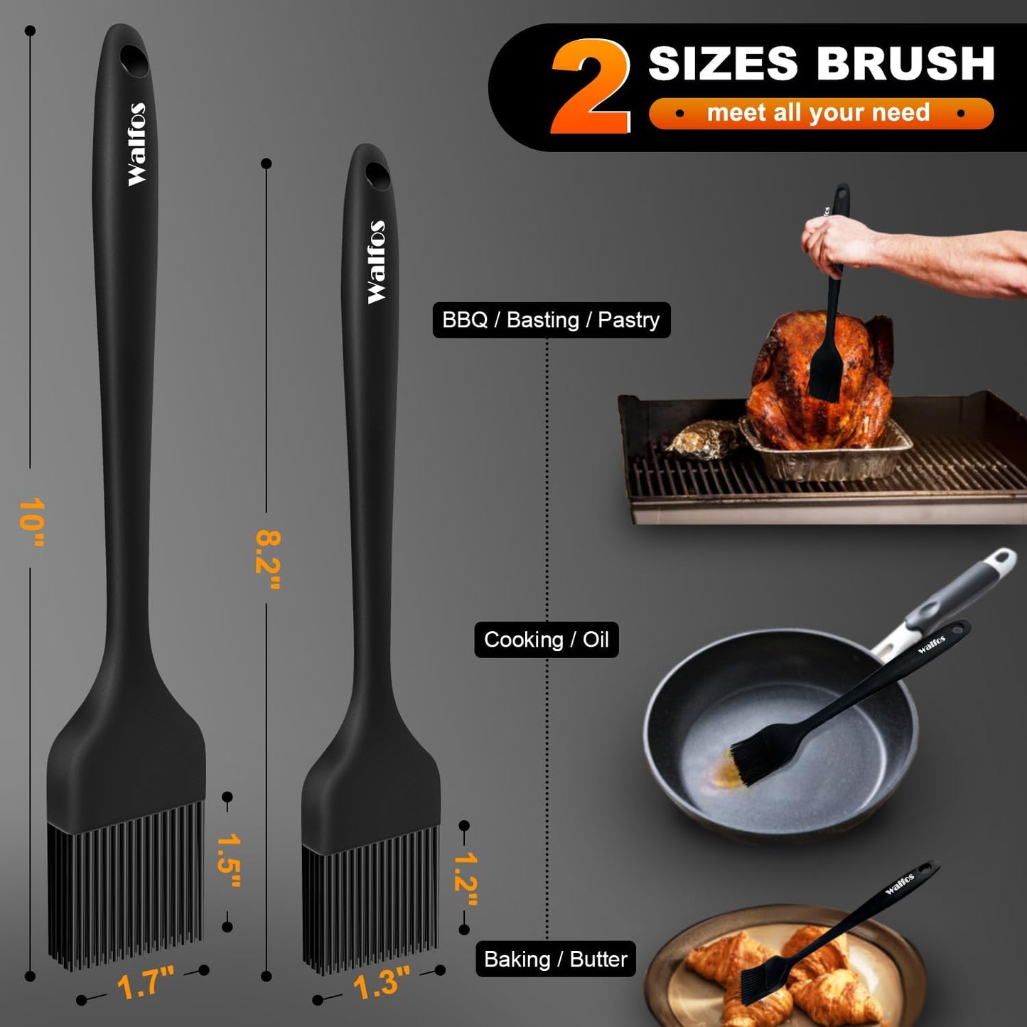 Walfos 600°F Heat Resistant Silicone Basting Brushes BPA Free Pastry Brush, Spread Oil Butter Sauce for BBQ Grill Baking Kitchen Cooking, Dishwasher Safe (2 SIZE)