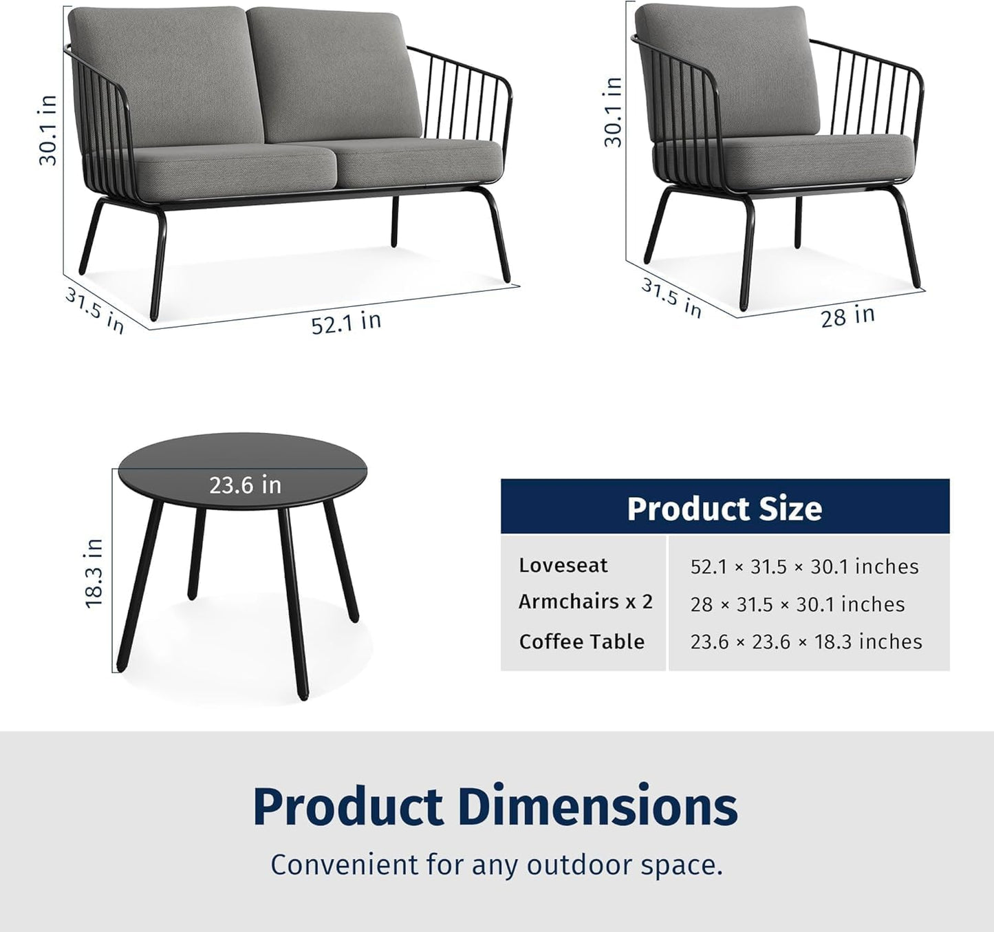 EAST OAK 4-Piece Plaza Patio Furniture Set, Outdoor Furniture for Balcony, Poolside, and Yard, with Thick Cushion Sofa and Coffee Table, Modern Patio Conversation Set, Black & Grey
