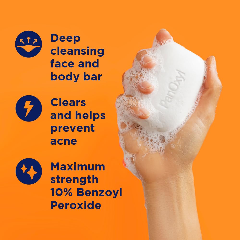 PanOxyl Acne Treatment Bar with 10% Benzoyl Peroxide, Maximum Strength Acne Bar for Face, Chest, and Back, Soap-Free Body Wash, Treats Acne Pimples, Whiteheads, Blackheads, pH Balanced, Vegan, 4 oz