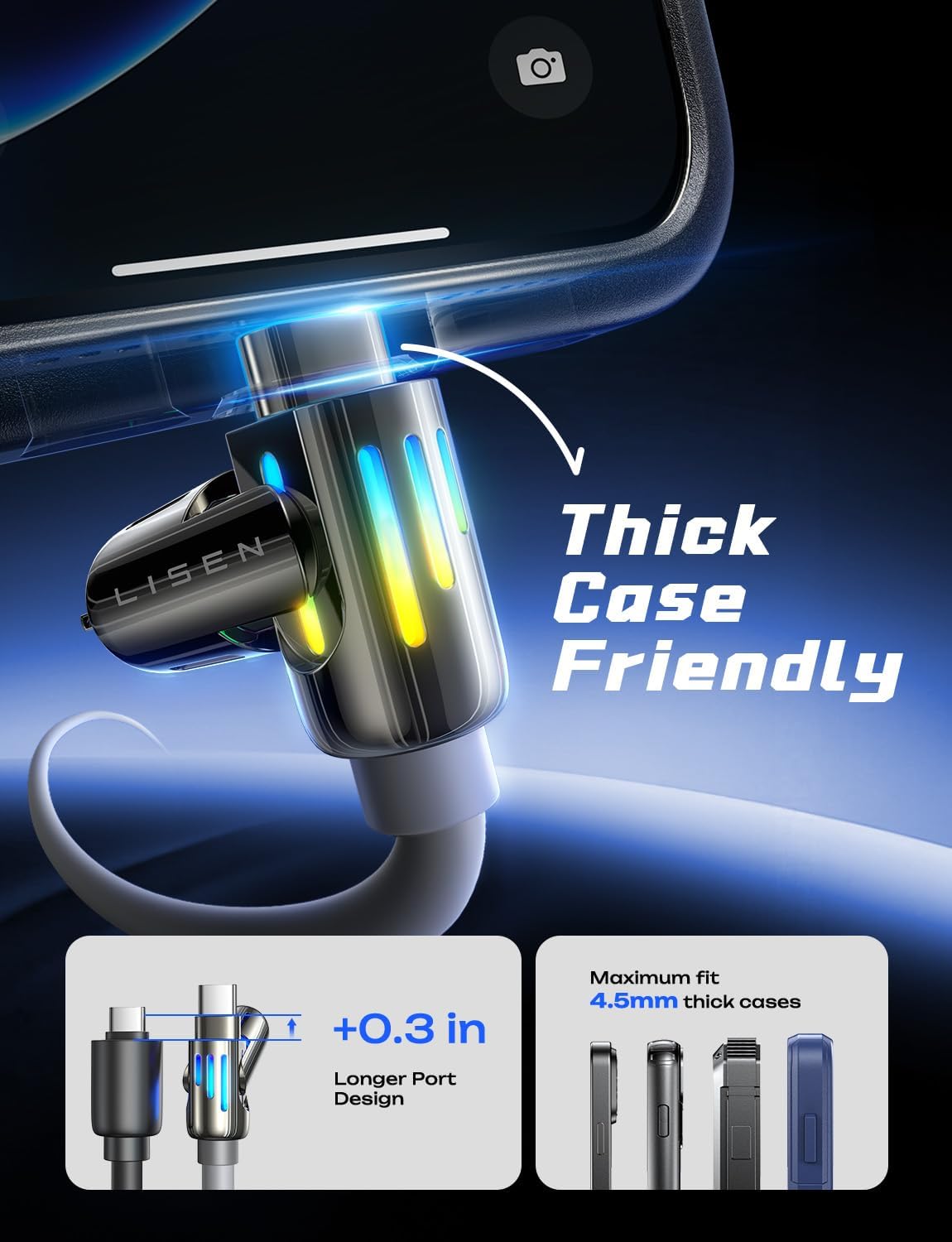 LISEN USB C to Lightning Cable, 240W 4 in 1 Charging Cable 6.6FT, Chubby USB A/C to C/Lightning with Light for iPhone Air 17 16 15 14 Pro/MacBook/iPad/Samsung/Switch 2, Multi Chargers for All Devices