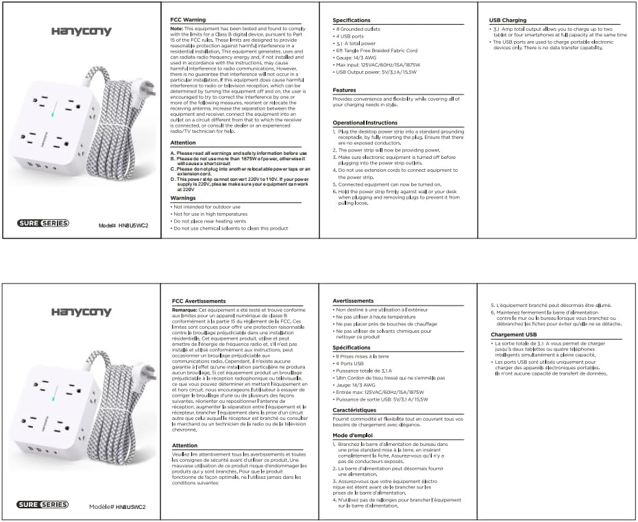 Surge Protector Power Strip - HANYCONY 8 Outlets 4 USB (2 USB C) Charging Ports, Multi Plug Outlet Extender, 5Ft Braided Extension Cord, Flat Plug Wall Mount Desk Charging Station for Home Office ETL