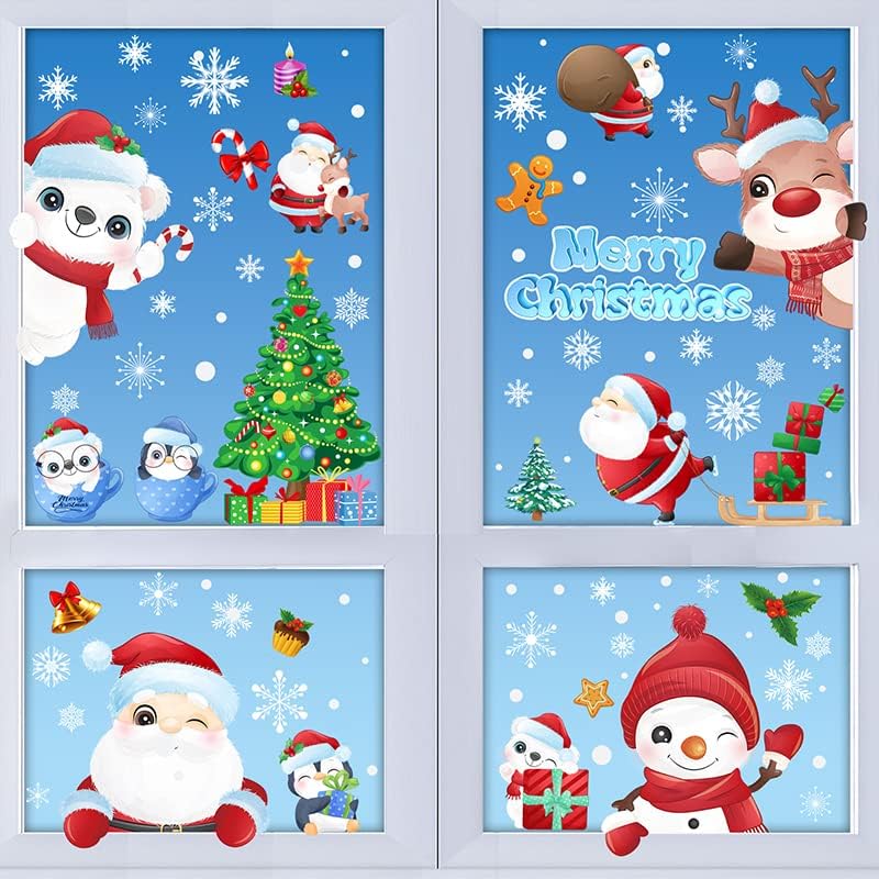 192Pcs Christmas Window Clings for Glass Windows, 9 Sheet Christmas Window Stickers Santa Claus Snowman Reindeer for Xmas Holiday Indoor Decals Party Supplies