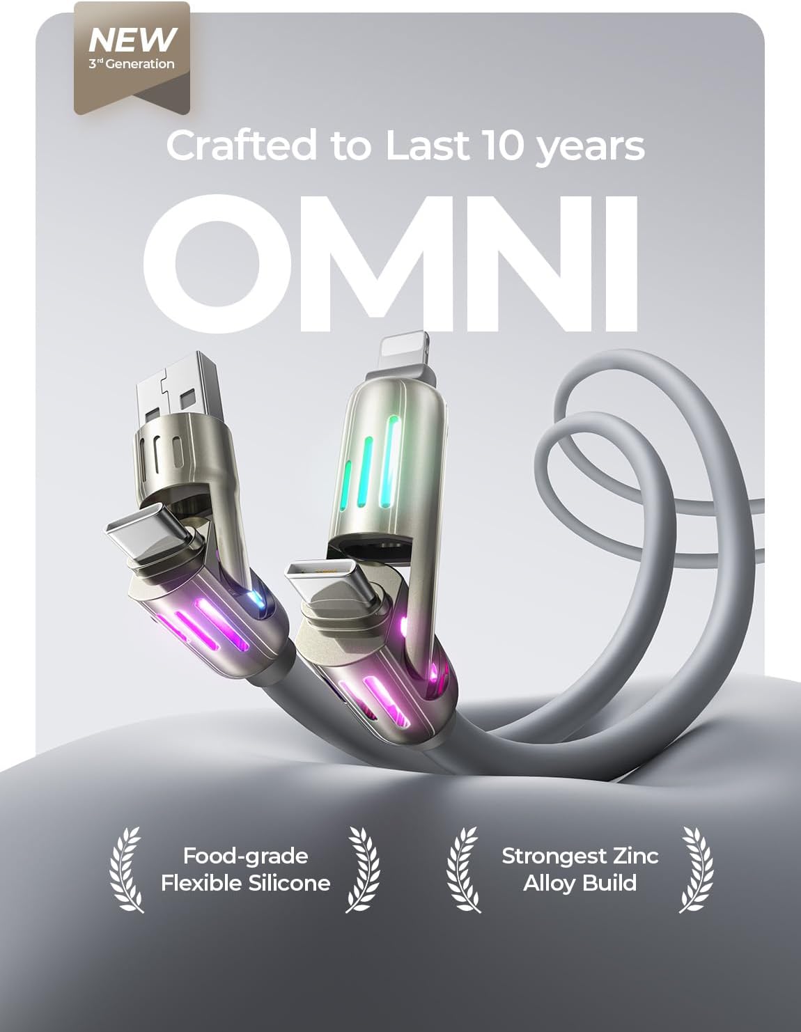 LISEN USB C to Lightning Cable, 240W 4 in 1 Charging Cable 6.6FT, Chubby USB A/C to C/Lightning with Light for iPhone Air 17 16 15 14 Pro/MacBook/iPad/Samsung/Switch 2, Multi Chargers for All Devices