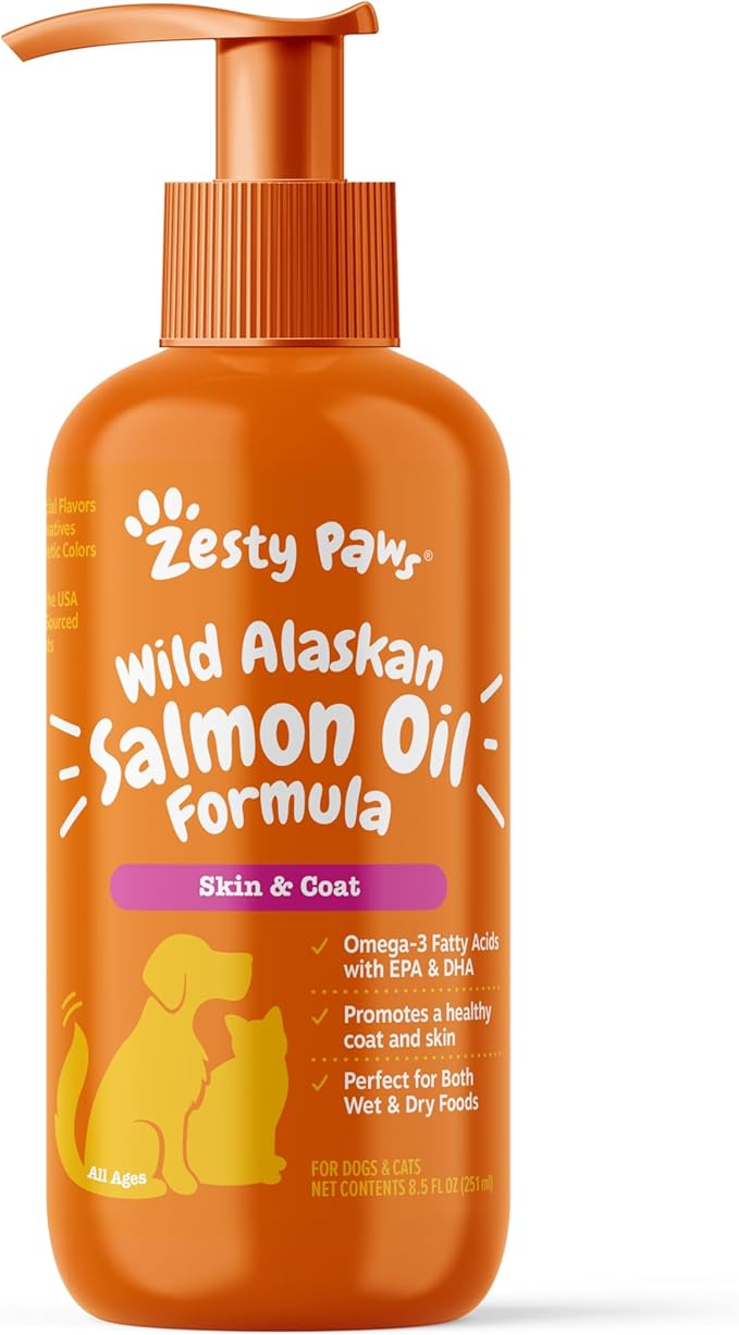Zesty Paws Wild Alaskan Omega-3 Blend Pollock + Salmon Oil for Dogs and Cats- Skin and Coat Support, Omega 3 Supplement for Pets, 8.5oz