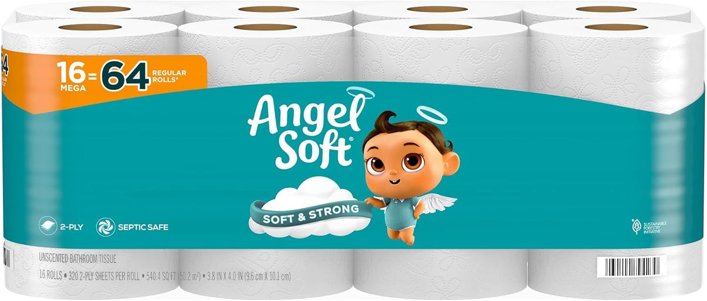 Angel Soft Toilet Paper, 16 Mega Rolls = 64 Regular Rolls, Soft and Strong Toilet Tissue
