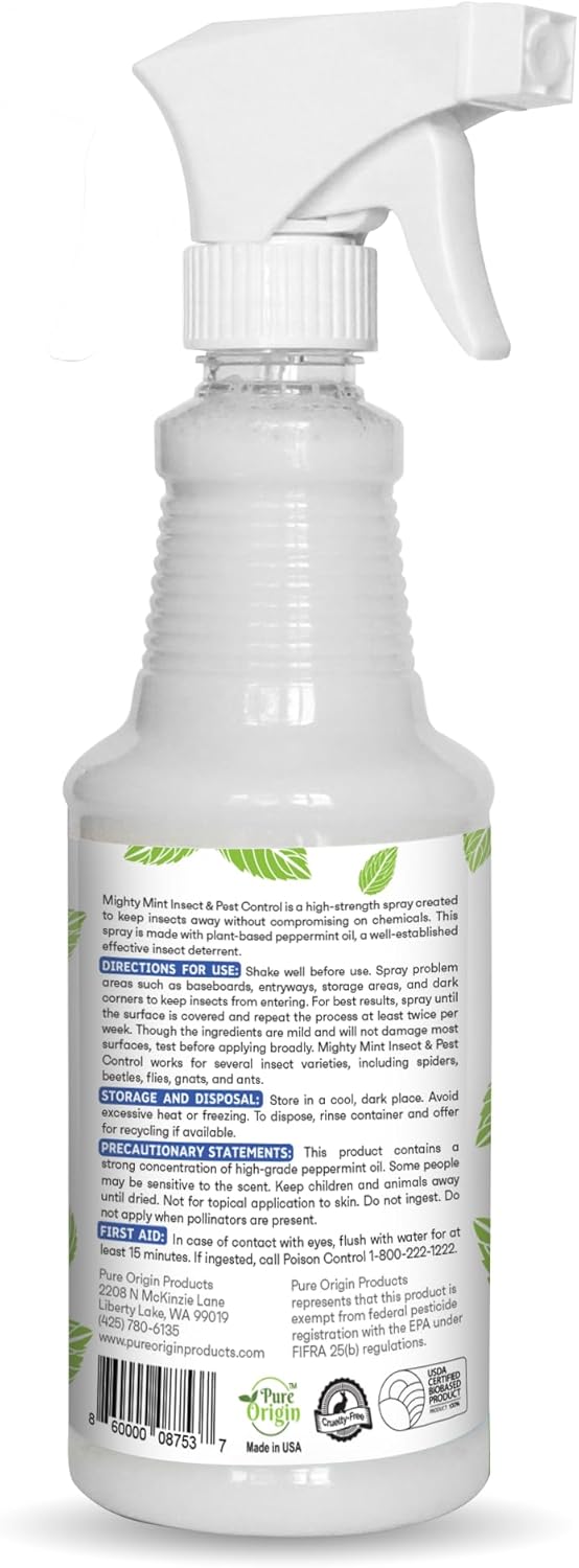 Mighty Mint Peppermint Oil Insect Repellent Spray – Natural Indoor & Outdoor Bug Control for Spiders, Ants, Roaches, and More – Plant-Based, Extra-Strong Formula - 16 oz