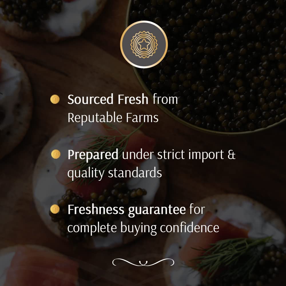 OLMA Classic Caviar Black Caviar Gift Box - Includes 2 oz of Siberian Osetra Aurora, White Sturgeon, Paddlefish, Hackleback Sturgeon Fish Roe & Mother of Pearl Serving Spoon - Overnight Delivery