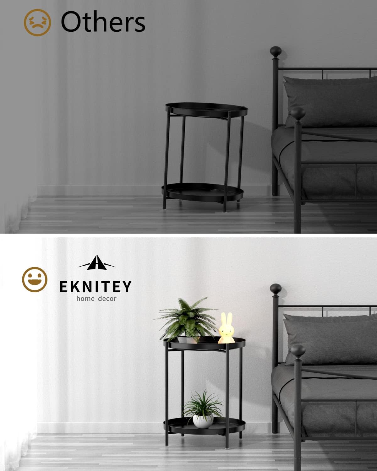 EKNITEY 2 Tier End Table - Metal Side Table Waterproof Small Sofa Coffee Side Tables Bedroom Indoor Outdoor with Removable Tray for Living Room Bedroom Balcony and Office (Black)