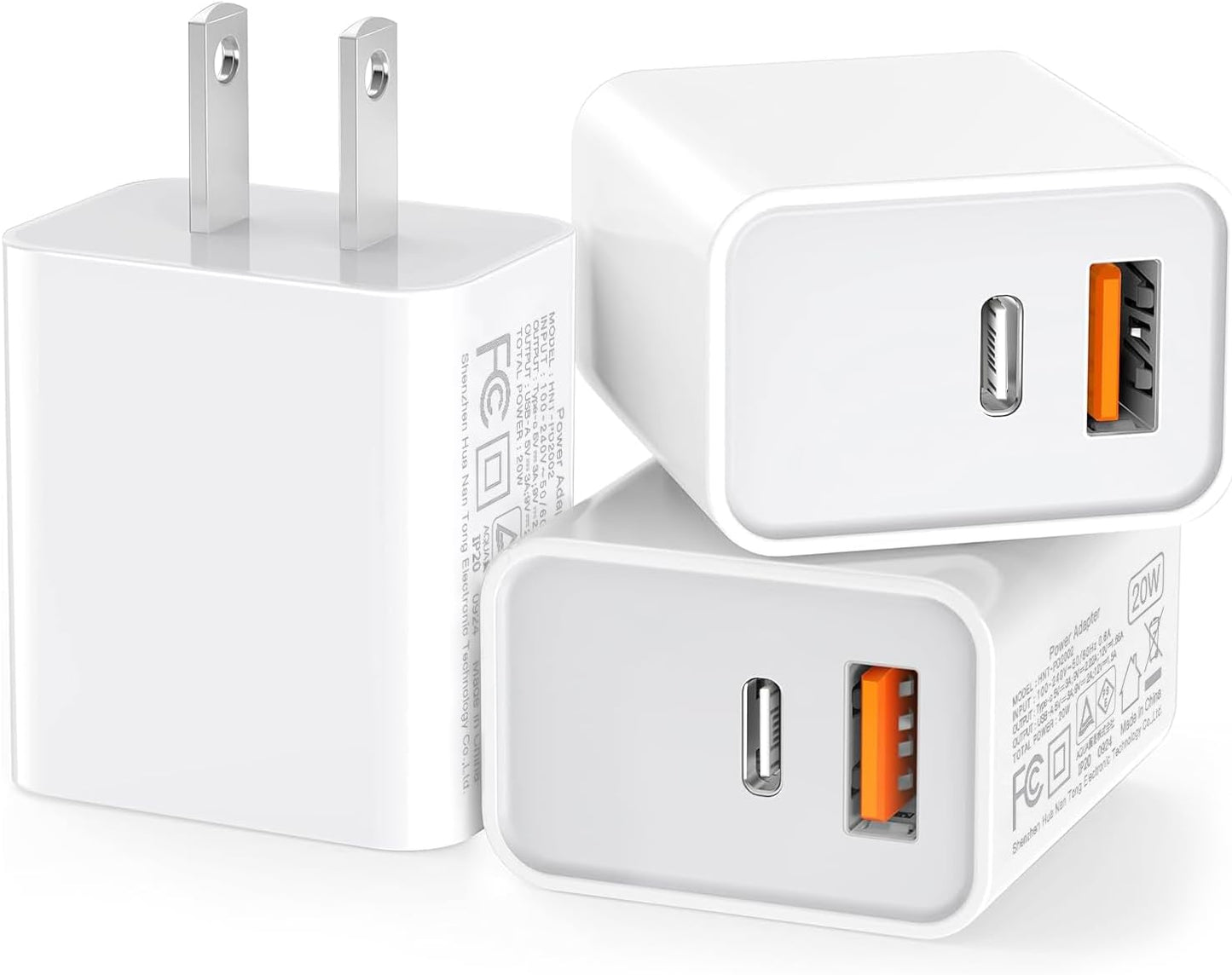 3 Pack USB C Wall Charger, 20W Durable Dual Port QC+PD 3.0 Power Adapter, Double Fast Plug Charging Block for iPhone 14/15/16/17 Pro/Pro Max/Plus, XS/XR/X, Watch Series 8/7 Cube,White