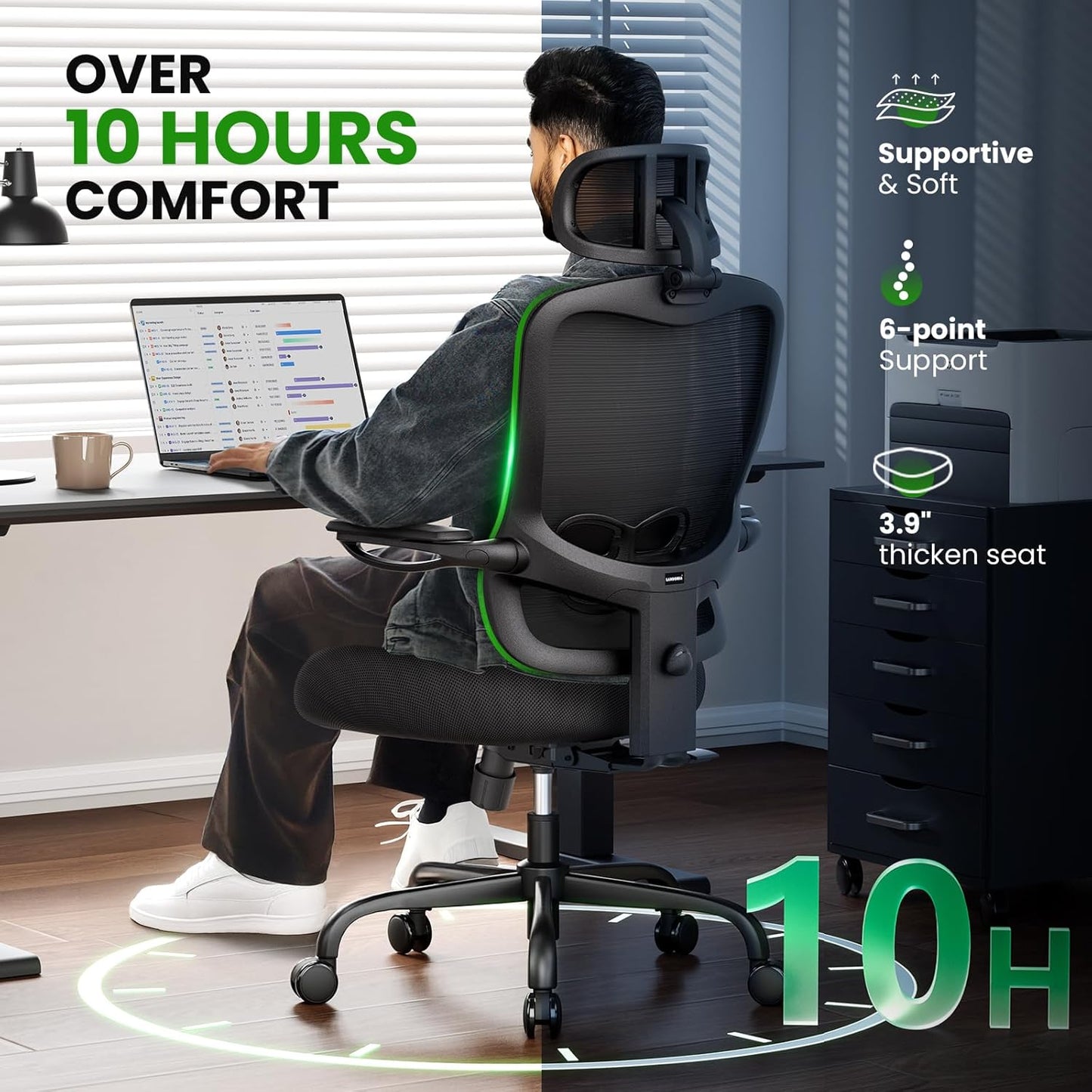 Ergonomic Office Chair Big and Tall - 6'5" Tall Max, 350Lbs Capacity Computer Desk Chairs Over 10 Hours Comfortable, with Adjustable Mesh High Back, Lumbar Support, 3D Headrest, Flip-up Arms