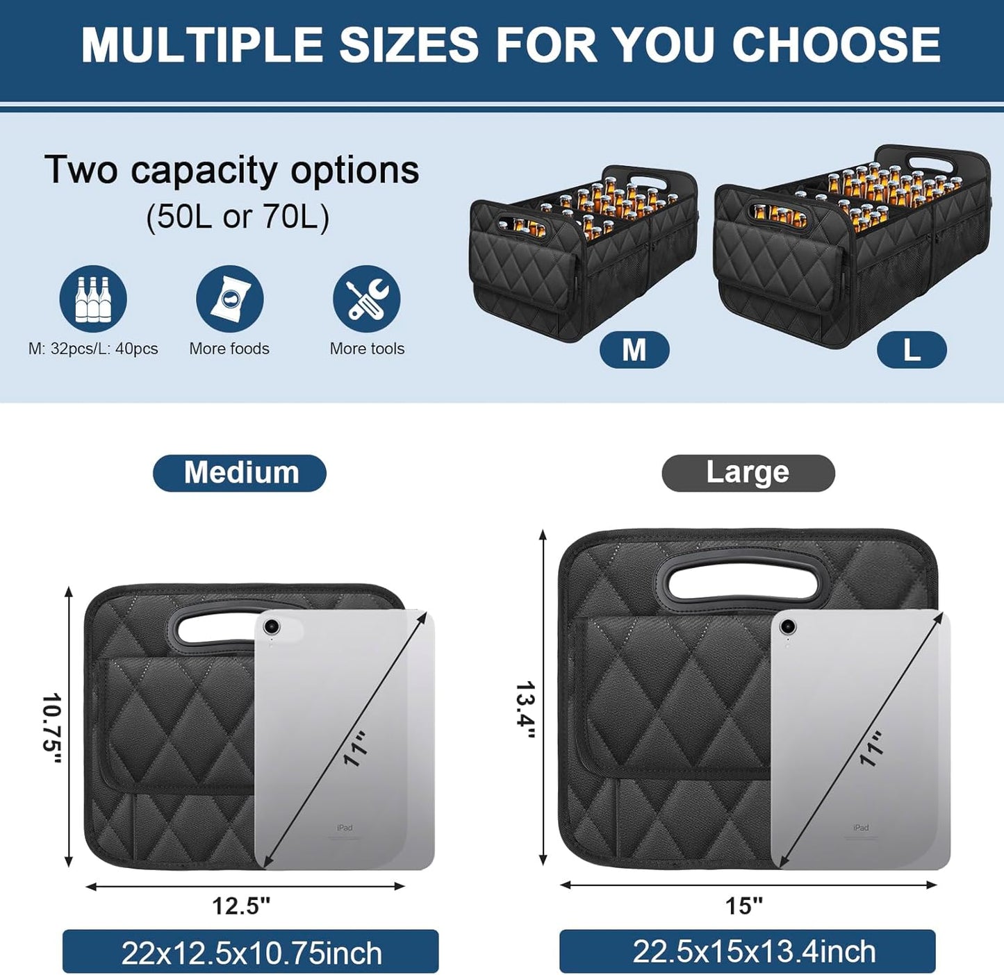 Deosk Car Trunk Organizer for SUV, Car Organizers and Storage with 6 Pocket, Car Accessories for Women/Men 50LWaterproof Polyester Trunk Organizer, Black