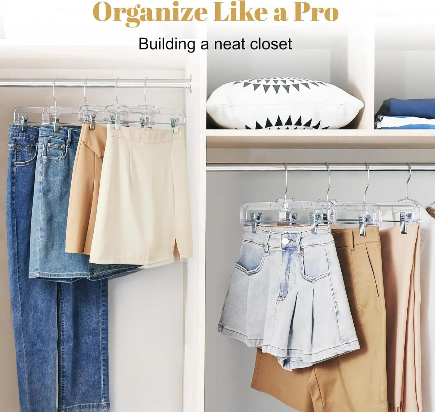 HOUSE DAY 12-Pack 14" Clear Plastic Skirt Hangers with Clips & Swivel Hook - Cart Shape