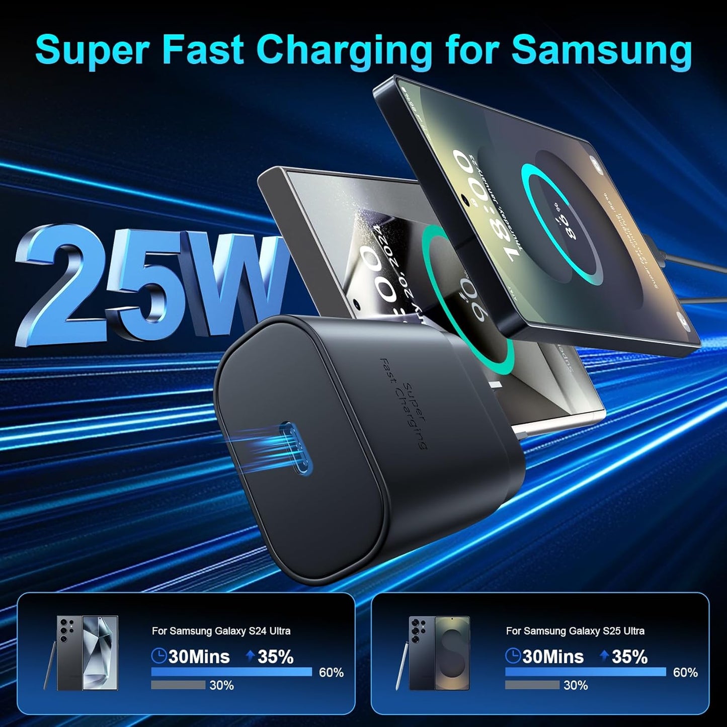 Super Fast Charger Type C, 25W USB C Wall Charger Fast Charging for Samsung Galaxy S25 Ultra/S25/S25+/S24+/S24 Ultra/S24/S24+/S23 Ultra/S22 Ultra/S21 with 10FT Long Android Type C Charger Cable 2Pack