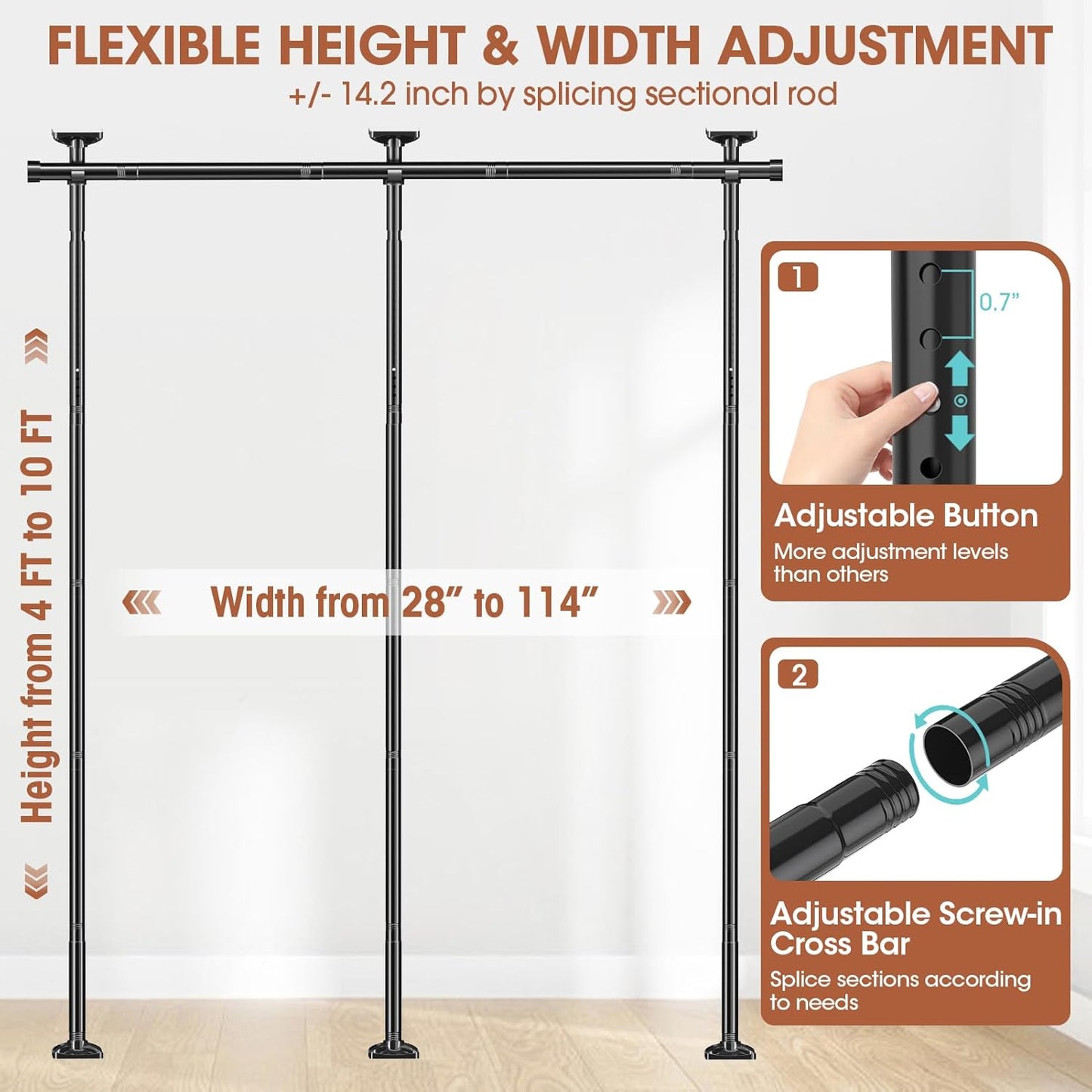 Room Divider No Drilling Curtain Rod Wall Divider for Room Separation, 4-10ft(H) 28-114inch(W) Adjustable, Heavy Duty Partition Space Separator Freestanding Tension Curtain Stand, Black