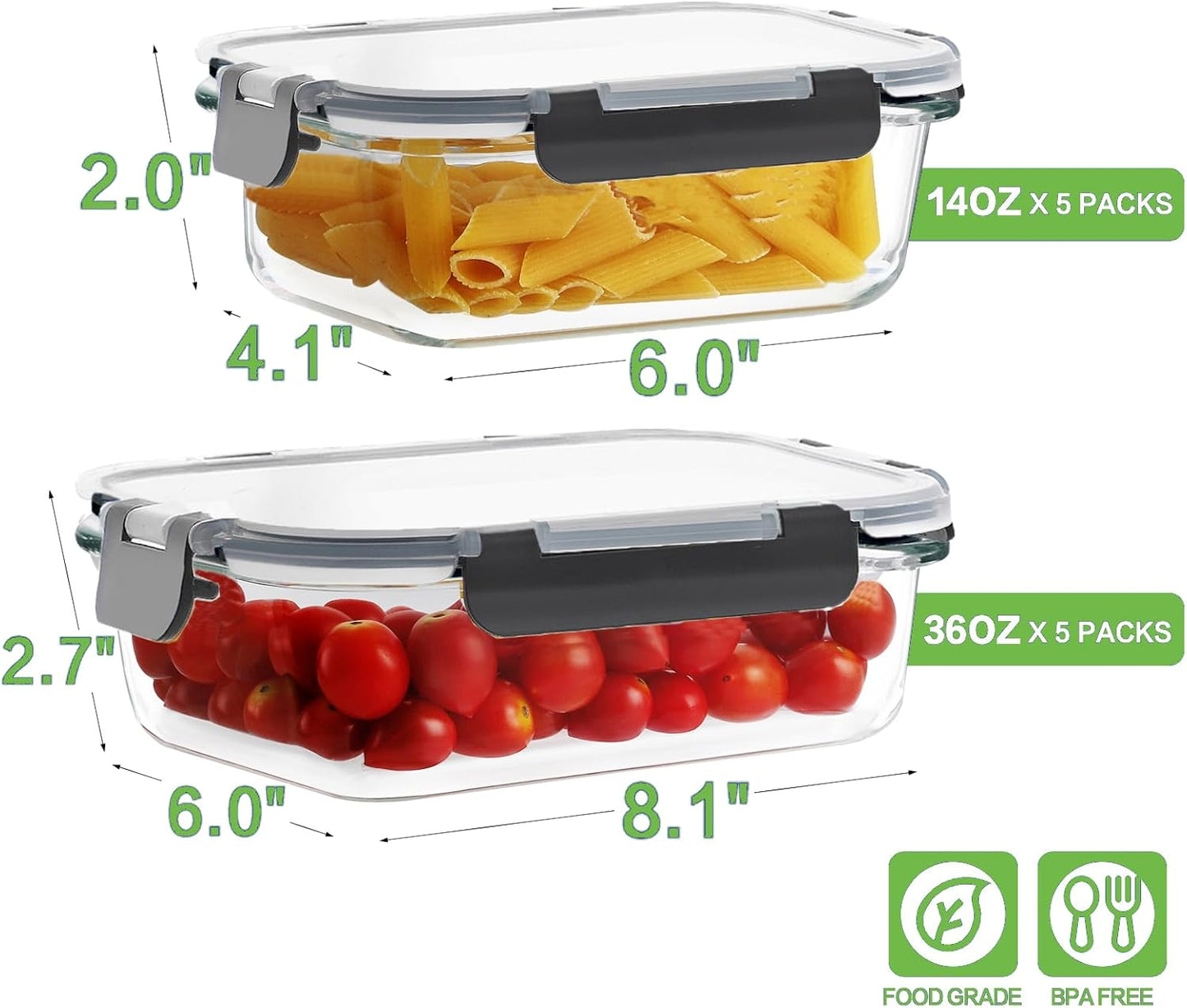 HOMBERKING 10 Pack Glass Meal Prep Containers with Locking Lids, Glass Food Storage Containers Set, Airtight Glass Lunch Bento Boxes, BPA-Free & Leak Proof, 36oz & 14oz, Freezer, Oven, Black