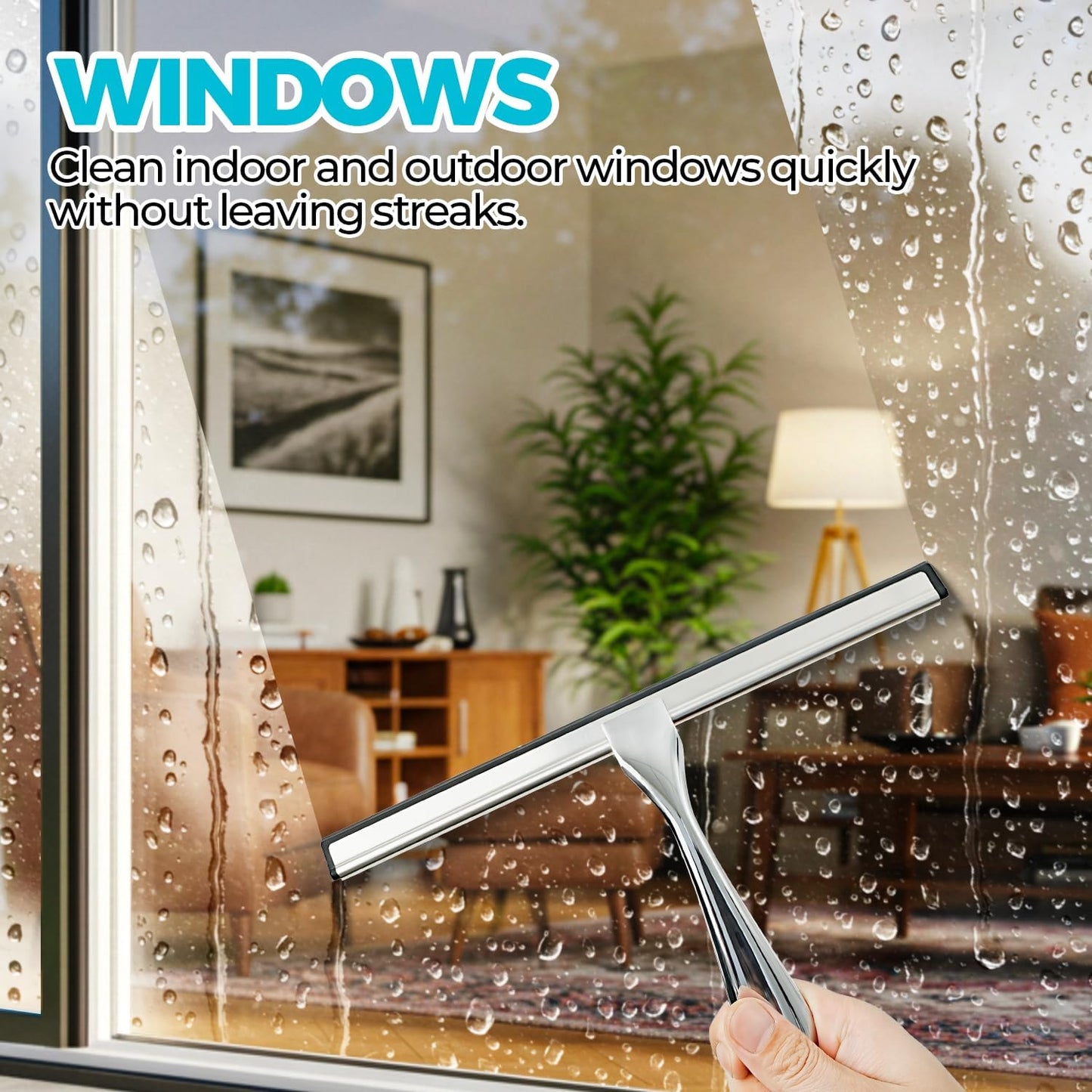 12-Inch All-Purpose Shower Squeegee for Shower Doors, Tile Shower Walls, Bathroom, Window, Glass and Car Windshield, Mirrors and Kitchen-Stainless Steel, Silver