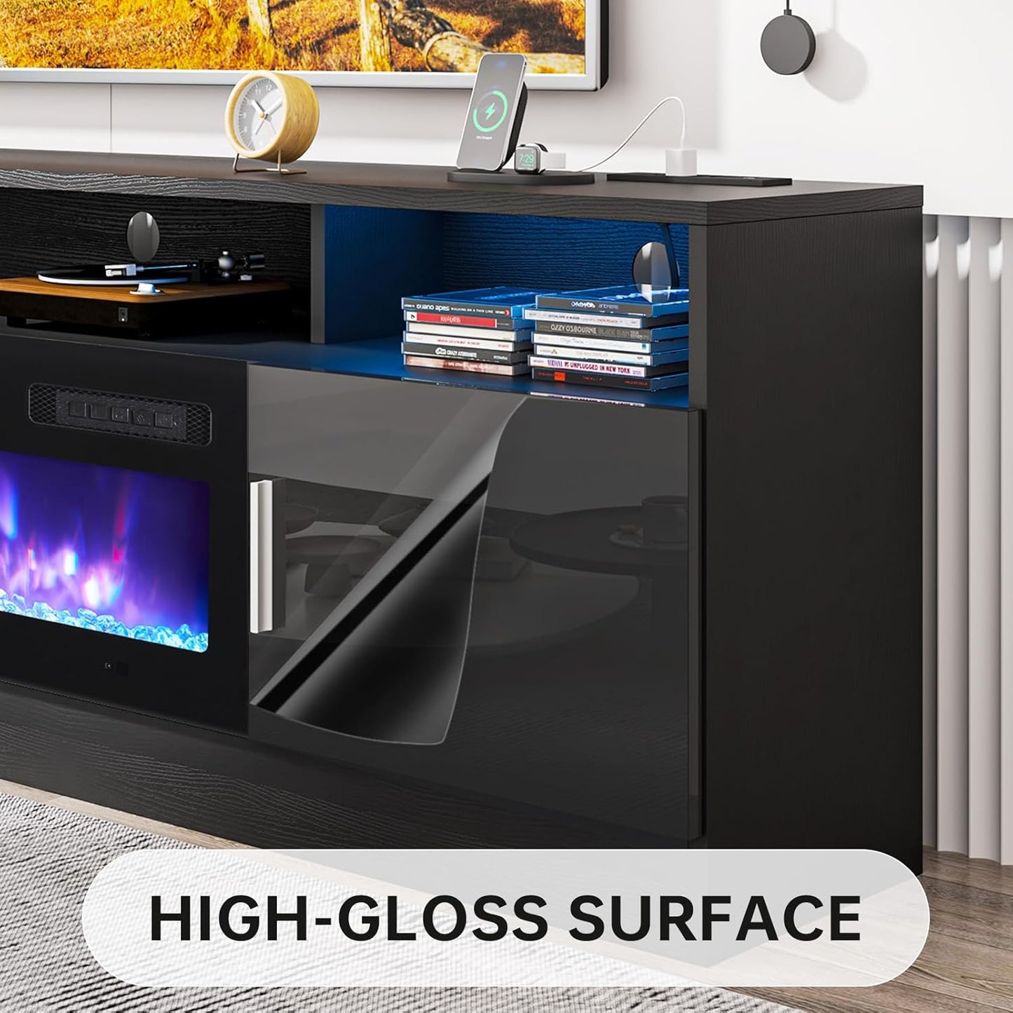 oneinmil 70" Fireplace TV Stand with Power Outlet for TVs Up to 80", Electric Fireplace Entertainment Center with LED Lights & Storage Cabinets, Media Console Table for Living Room, Black