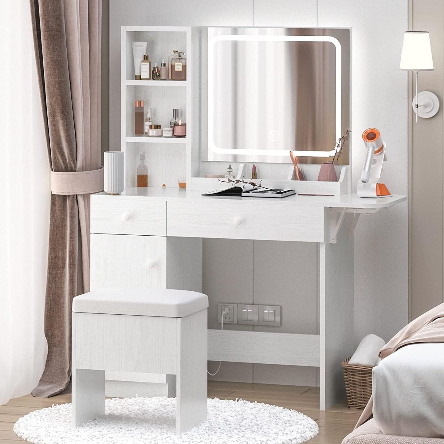 IRONCK Vanity Desk with LED Lighted Mirror & Power Outlet, Makeup Table with Drawers & Cabinet,Storage Stool, White