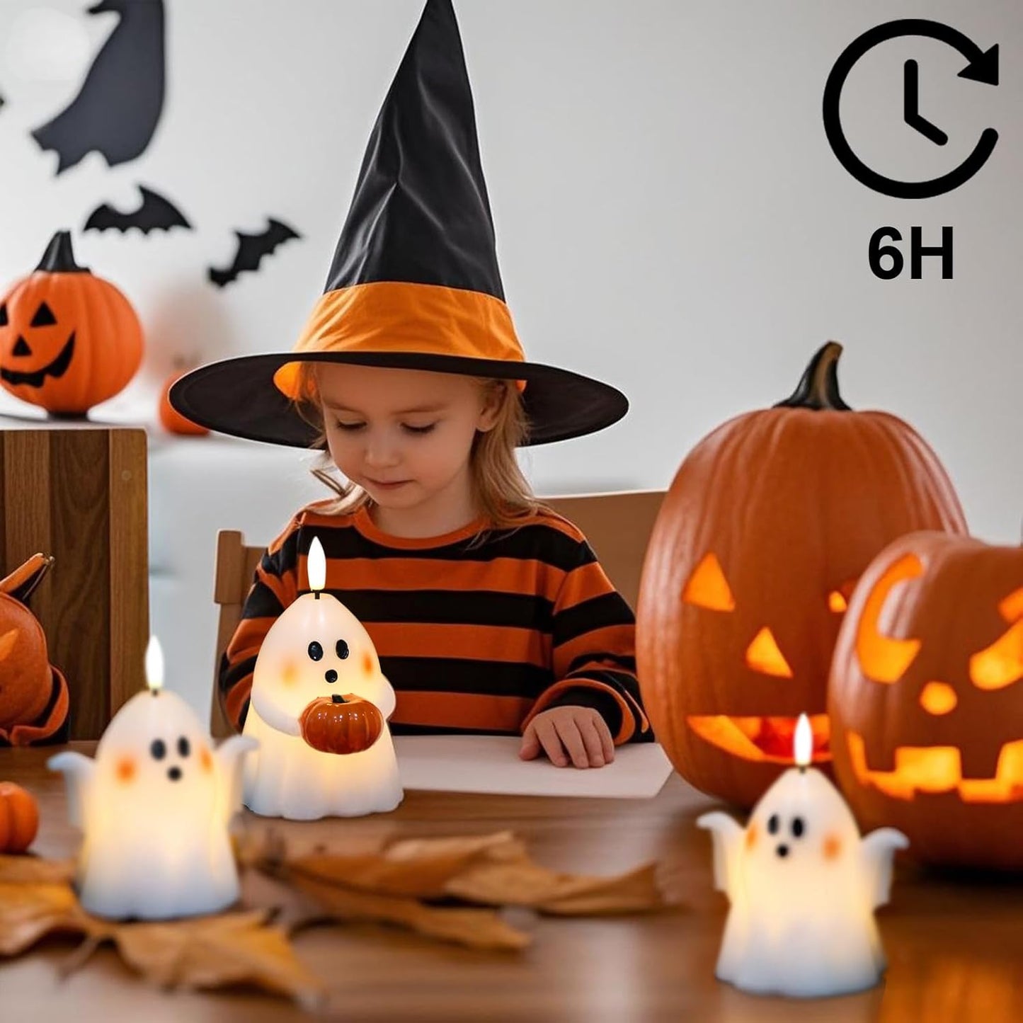 Wondise Halloween Flameless Candles with 6hrs Timer Spooky Ghost, Battery Operated Candles Halloween 3D Flickering Wick Real Wax 2 Packs Halloween Candles for Halloween Decoration Gift (D 3.5" x H 5"