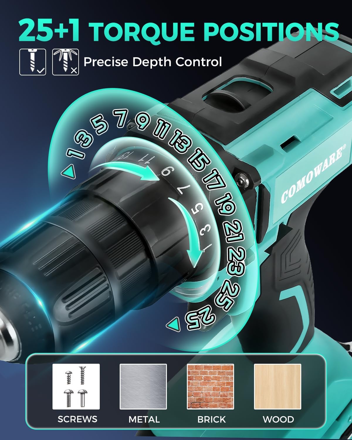 COMOWARE 20V Cordless Drill, Electric Power Drill Set with 1 Battery & Charger, 3/8” Keyless Chuck, 2 Variable Speed, 266 In-lb Torque, 25+1 Position and 34pcs Drill/Driver Bits