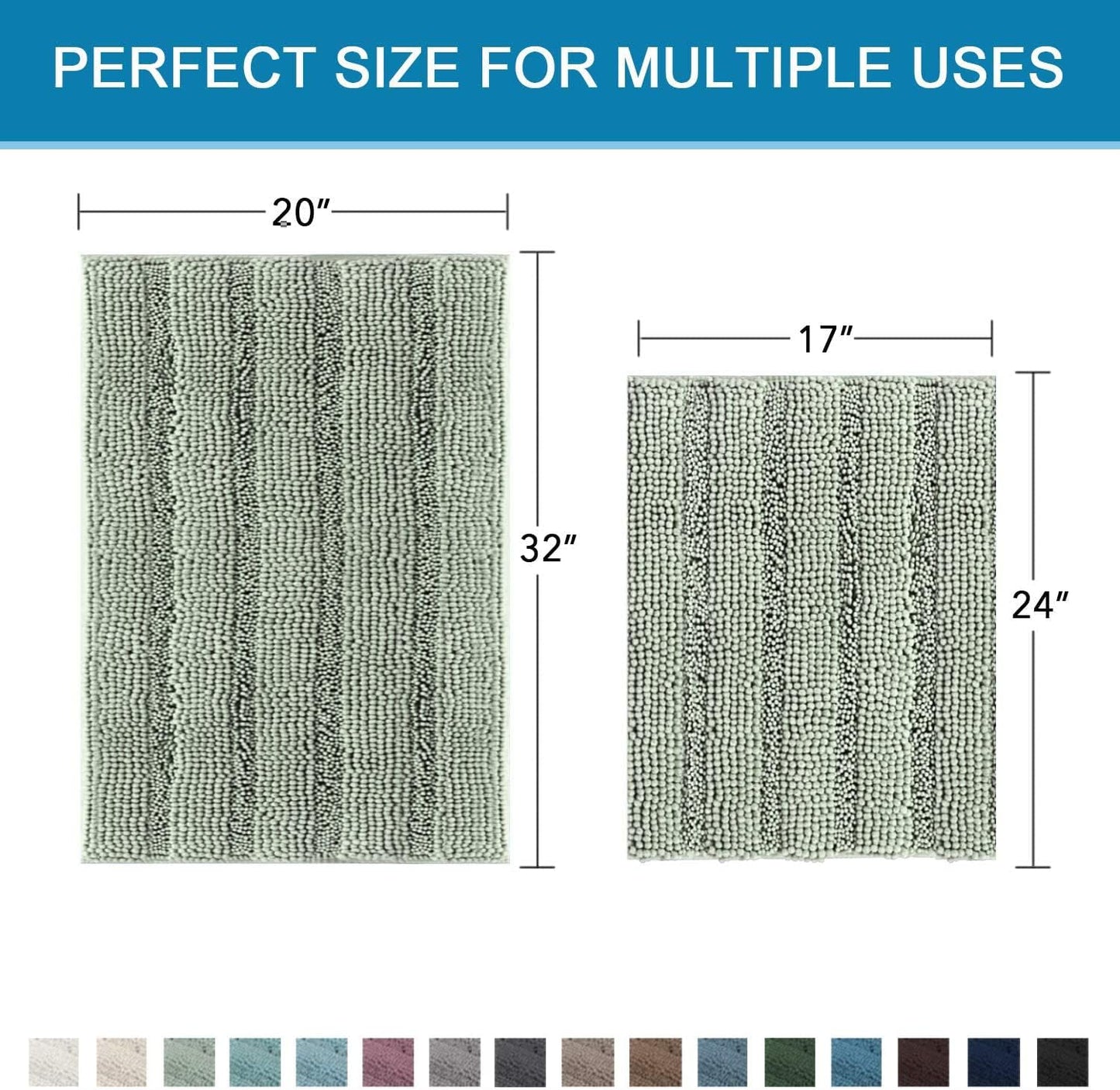 H.VERSAILTEX Sage Bathroom Rugs, Bath Mat Set of 2 Extra Thick Chenille Striped Pattern Shaggy Bath Rugs for Bath Room, Non Skid Bath Mats for Bathroom Floor (32 x 20 Plus 24 x 17 - Inches)