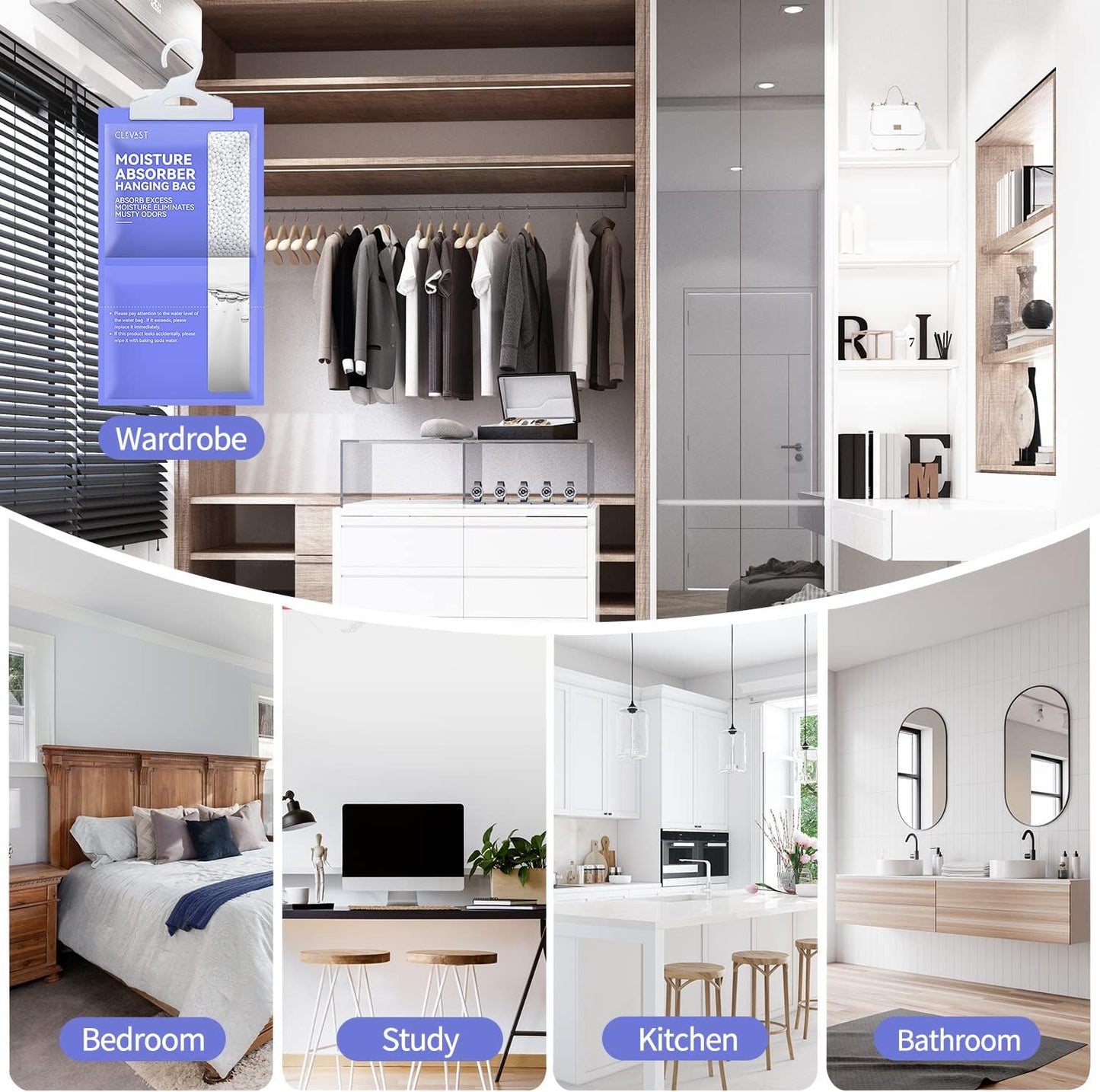 CLEVAST Moisture Absorbers Packets 10 Pack, Dehumidifier Bags for Closet, Unscented Hanging Humidity Absorber in Wardrobes, Bedrooms, Bathrooms(Net Wt. 230g/Pack)