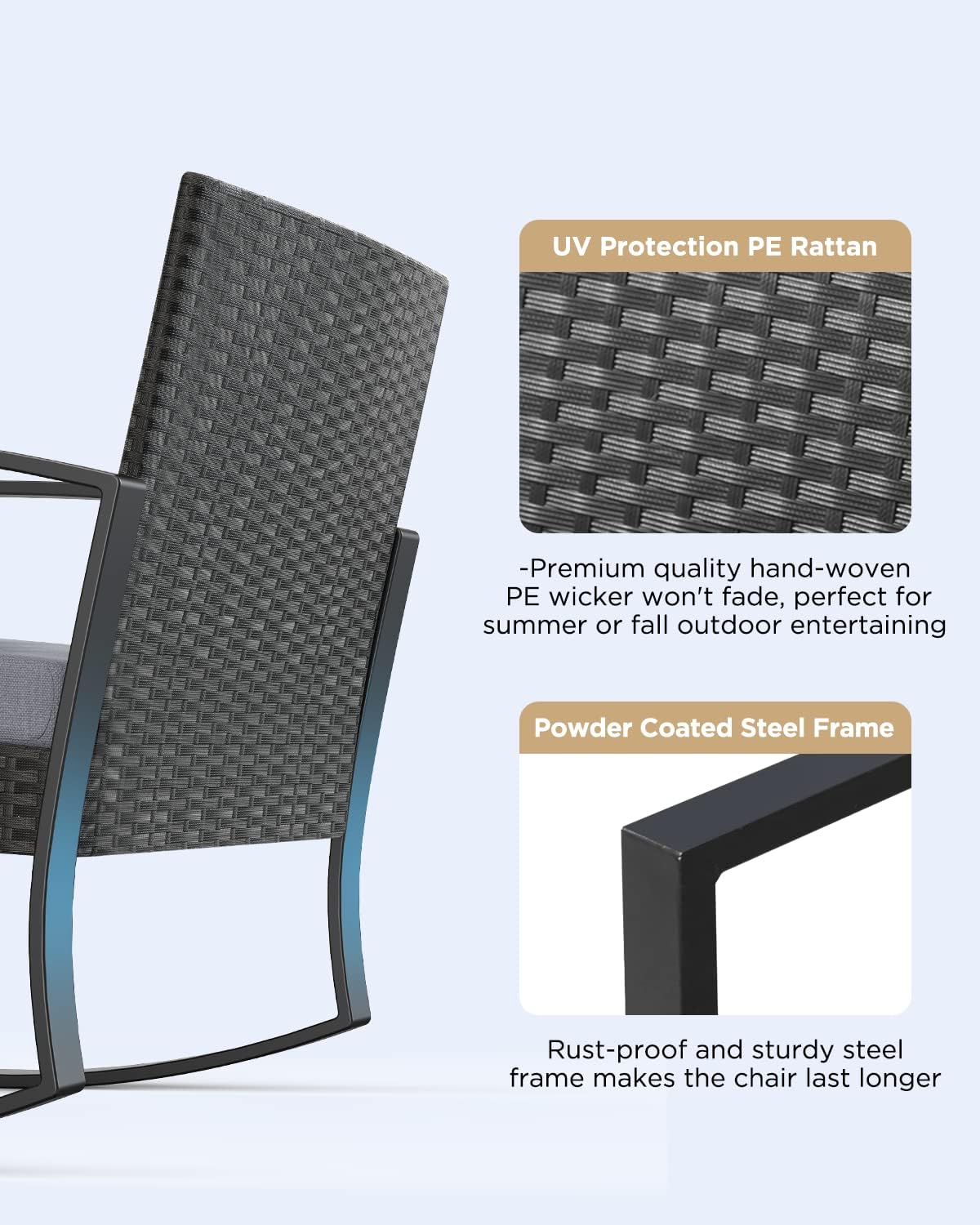 3 Pieces Outdoor Patio Furniture Set Rocking Bistro Set Outdoor Rattan Conversation with Coffee Table for Garden Balcony Backyard Poolside (Grey Cushion)