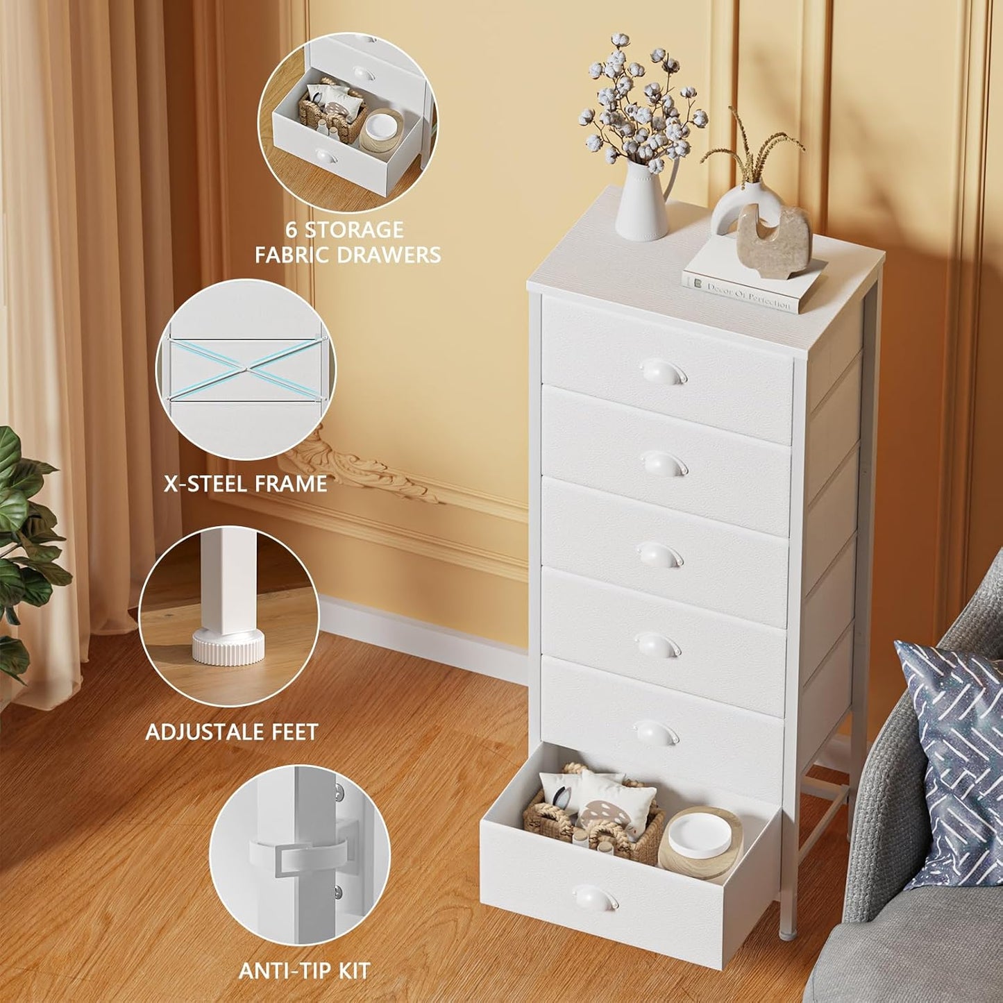 Furnulem White Tall Dresser for Bedroom,Vertical Storage Tower Unit and End Table with 6 Fabric Drawers, Nightstand Furniture with Drawer Organizer in Living Room,Closet,Entryway,Hallyway