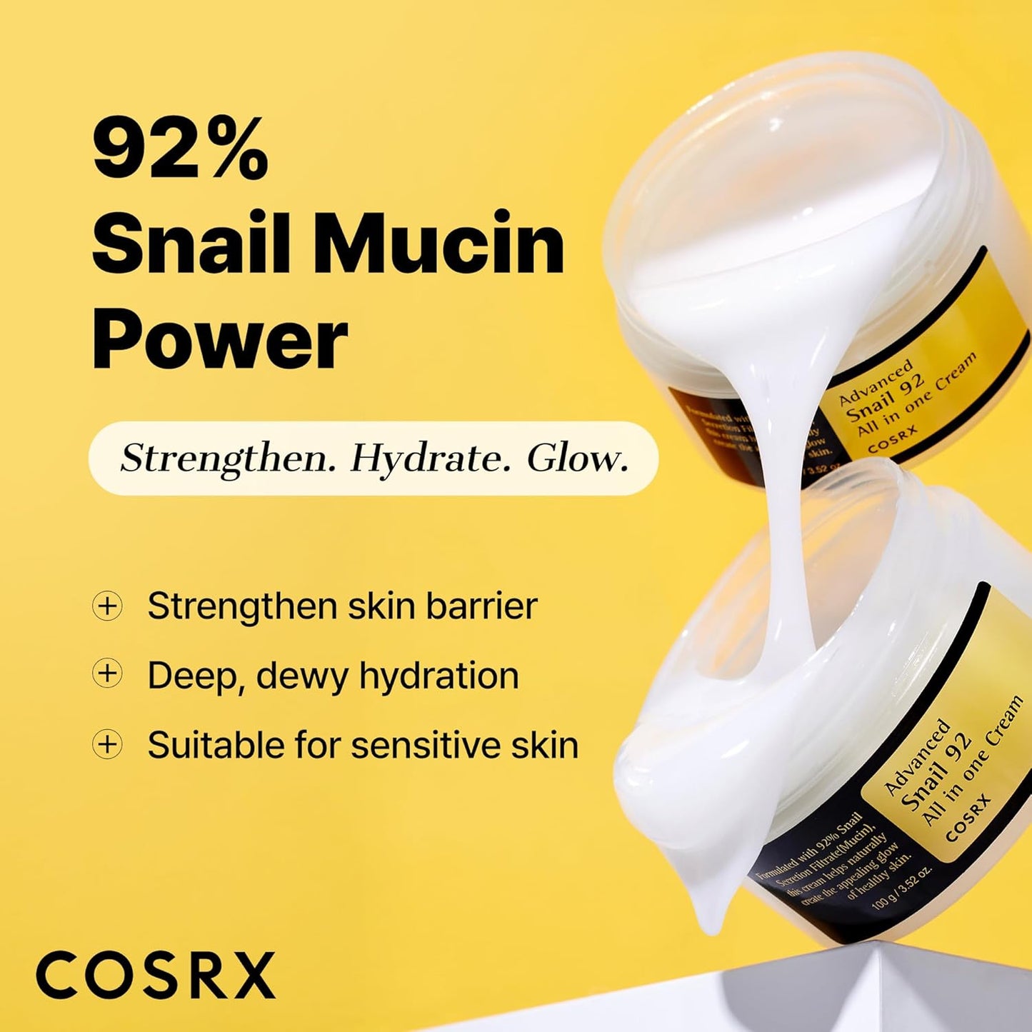 COSRX Snail Mucin 92% Face Moisturizer, 3.52 Oz, Lightweight Moisturing Cream for Soft, Glowy Skin, Korean Skin Care, Korean Moisturizer Face Cream
