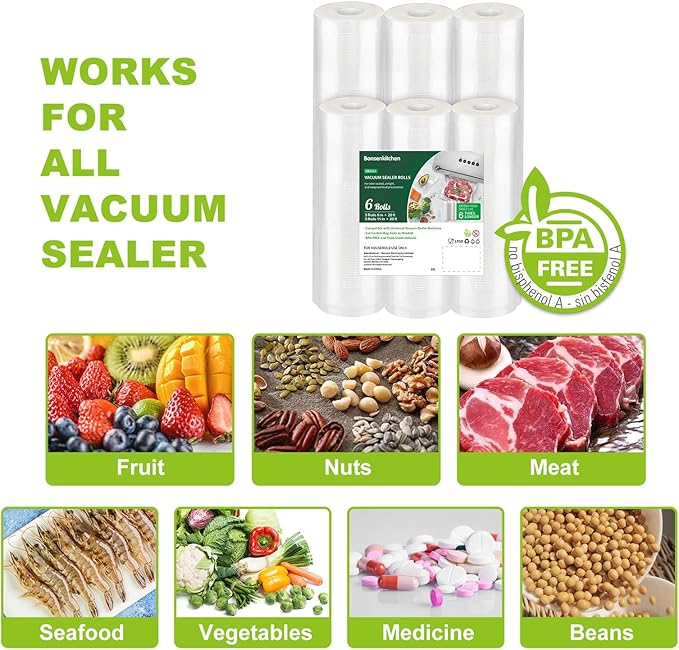 Bonsenkitchen Vacuum Sealer Rolls Bags, 6 Pack 3 Rolls 11" x 20' + 3 Rolls 8" x 20' Commercial Grade BPA Free Bag Rolls, Durable Customized Size Food Vac Bags for Storage and Sous Vide Cooking VB3211