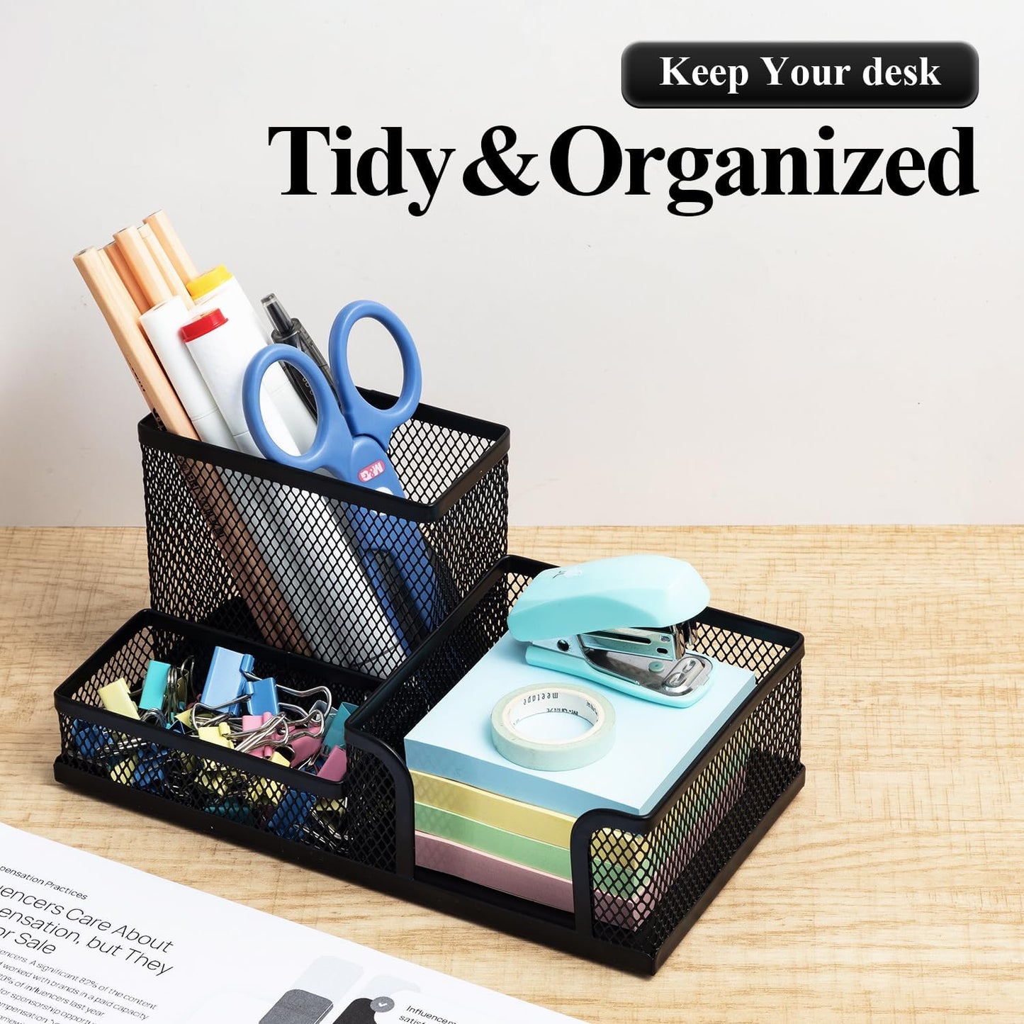 M&G Mesh Pen Holder Desk Organizers Pencil Holder for Desk Black, 3 Compartments Metal Office Supply Organizer with Sticky Notes Holder for School Home Office